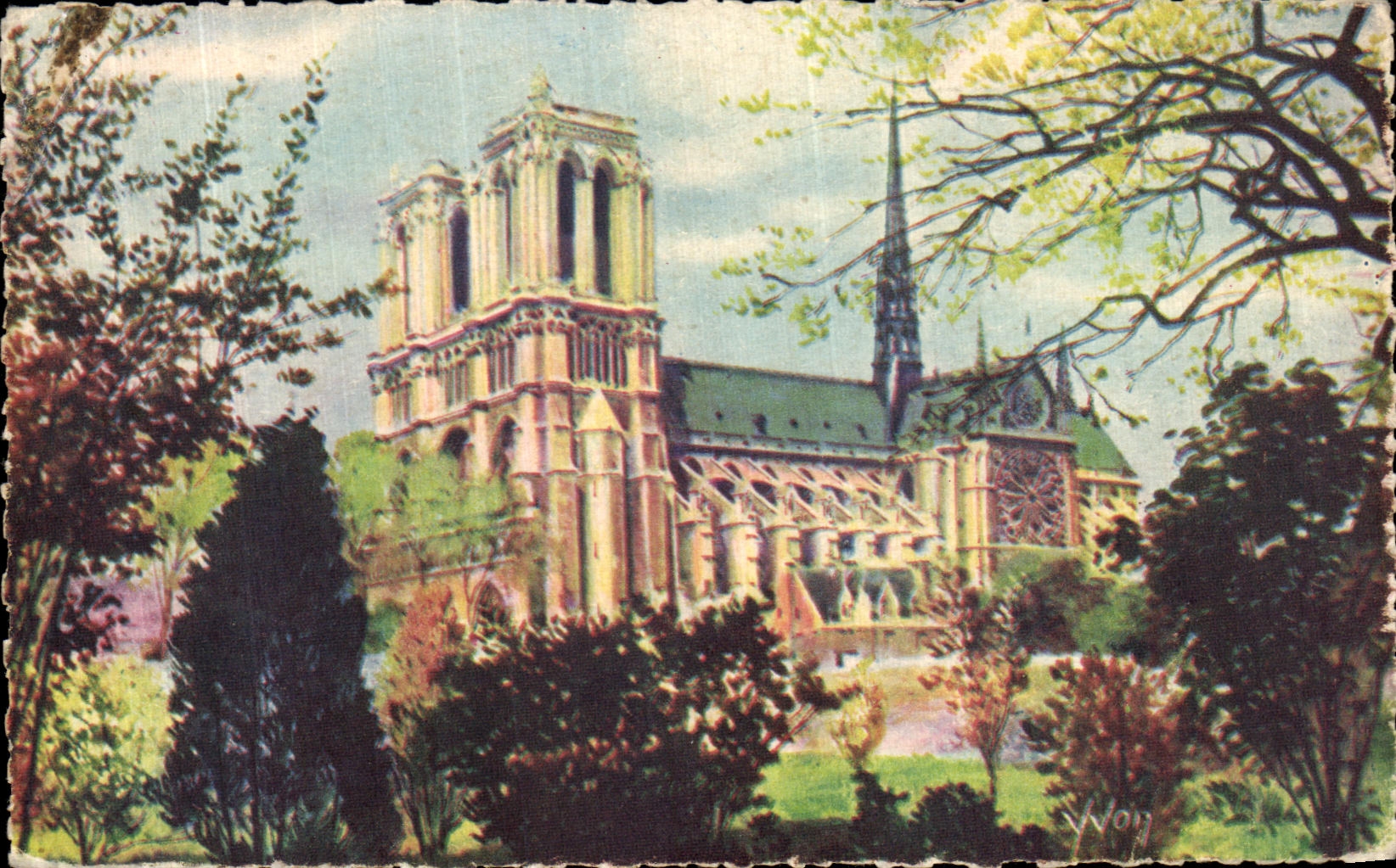 POSTAL Paris Notre Dame de la VENDIMIA visto de Julien Saint el pobre