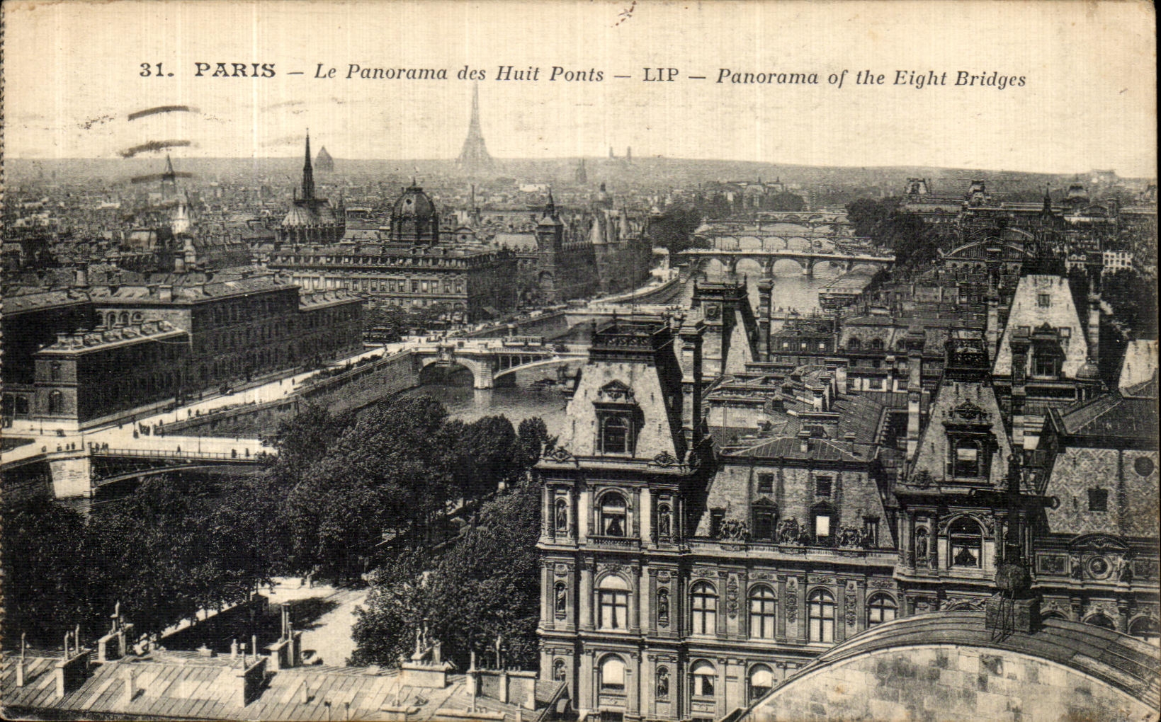 POSTAL Paris de la VENDIMIA el panorama de la torre Eiffel de ocho puentes