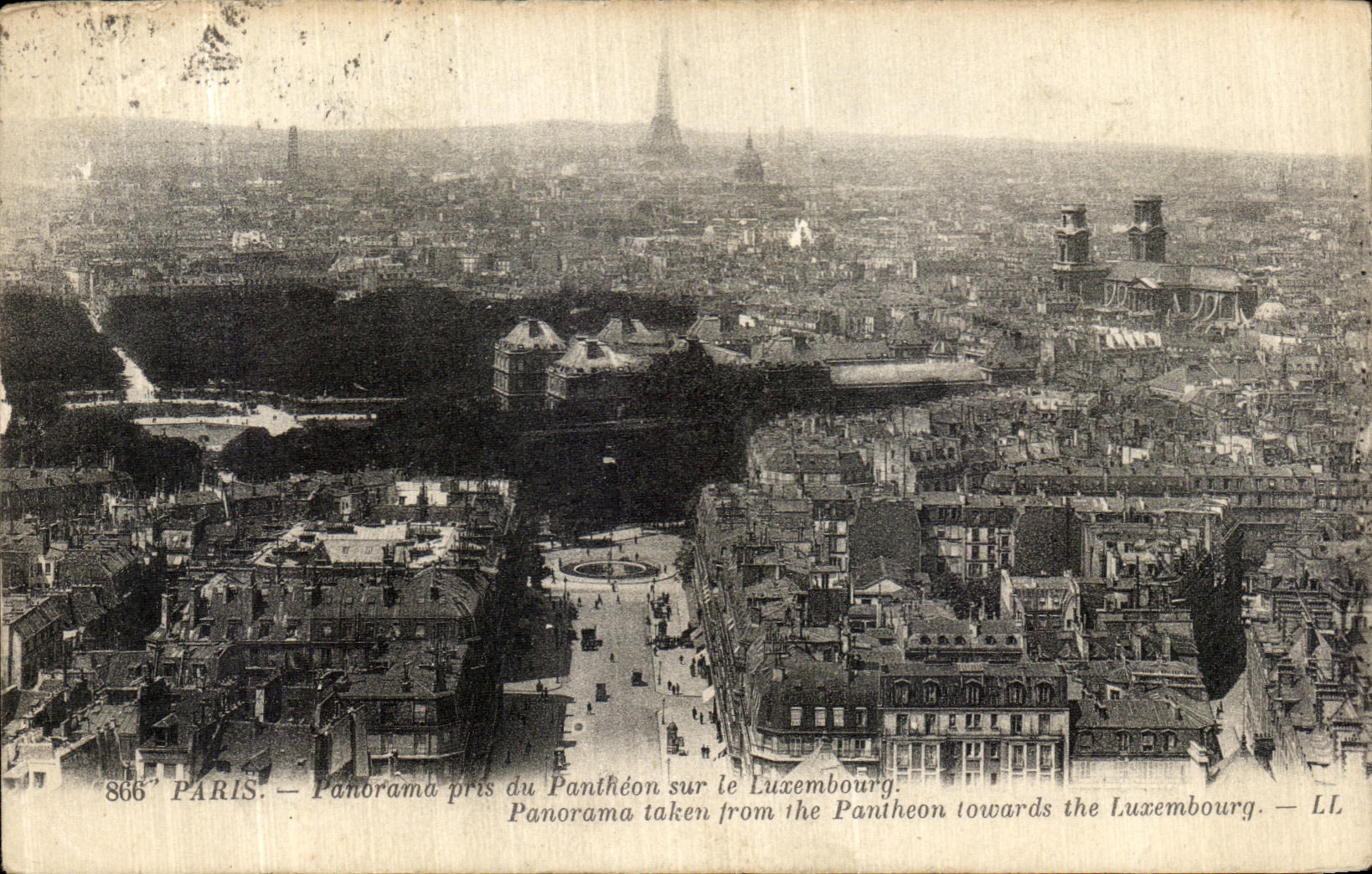Panorama de Paris de la POSTAL de la VENDIMIA tomado del panteon en Luxemburgo