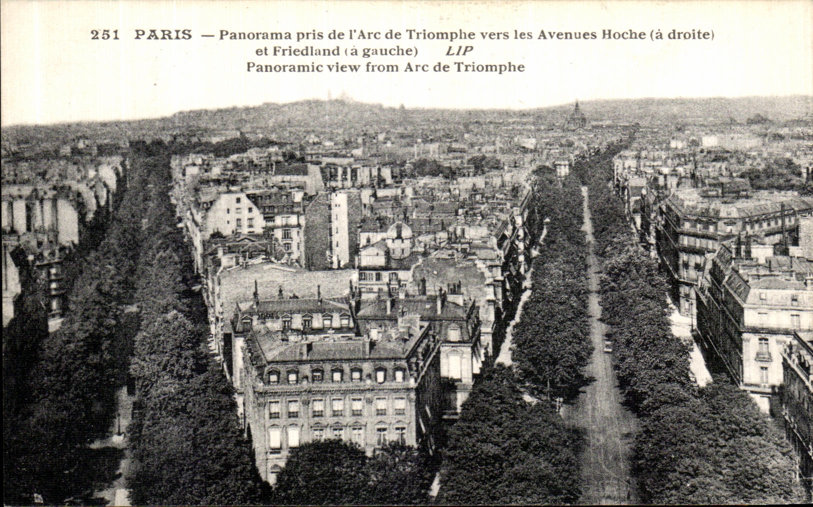 Panorama de Paris de la POSTAL de la VENDIMIA tomado de L Arc de Triomphe hacia las sacudidas y el Friedland de las avenidas