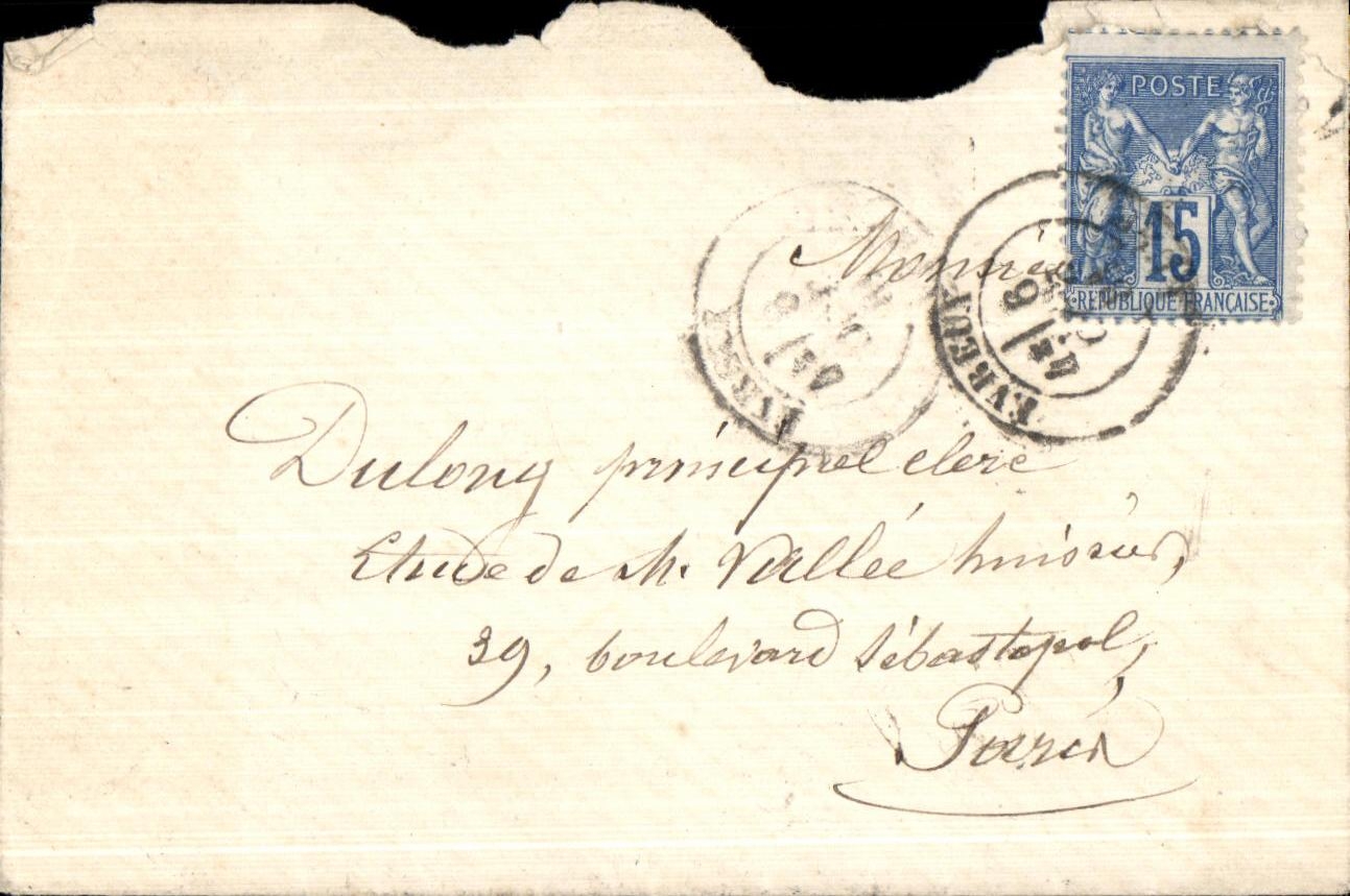Petite lettre Type SAge 15c Bleu de Evreu 1881 pour Mr Dulong a Paris