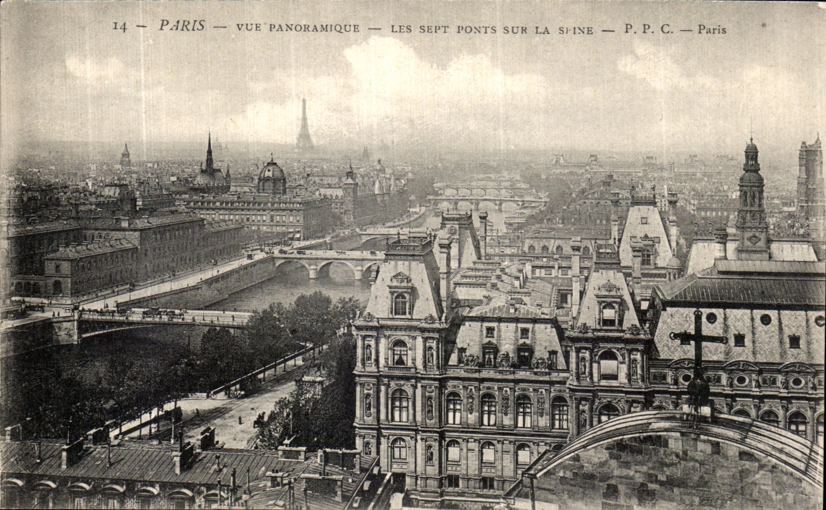 Puentes de la opinion panoramica siete de Paris de la POSTAL de la VENDIMIA en la torre Eiffel de Seine