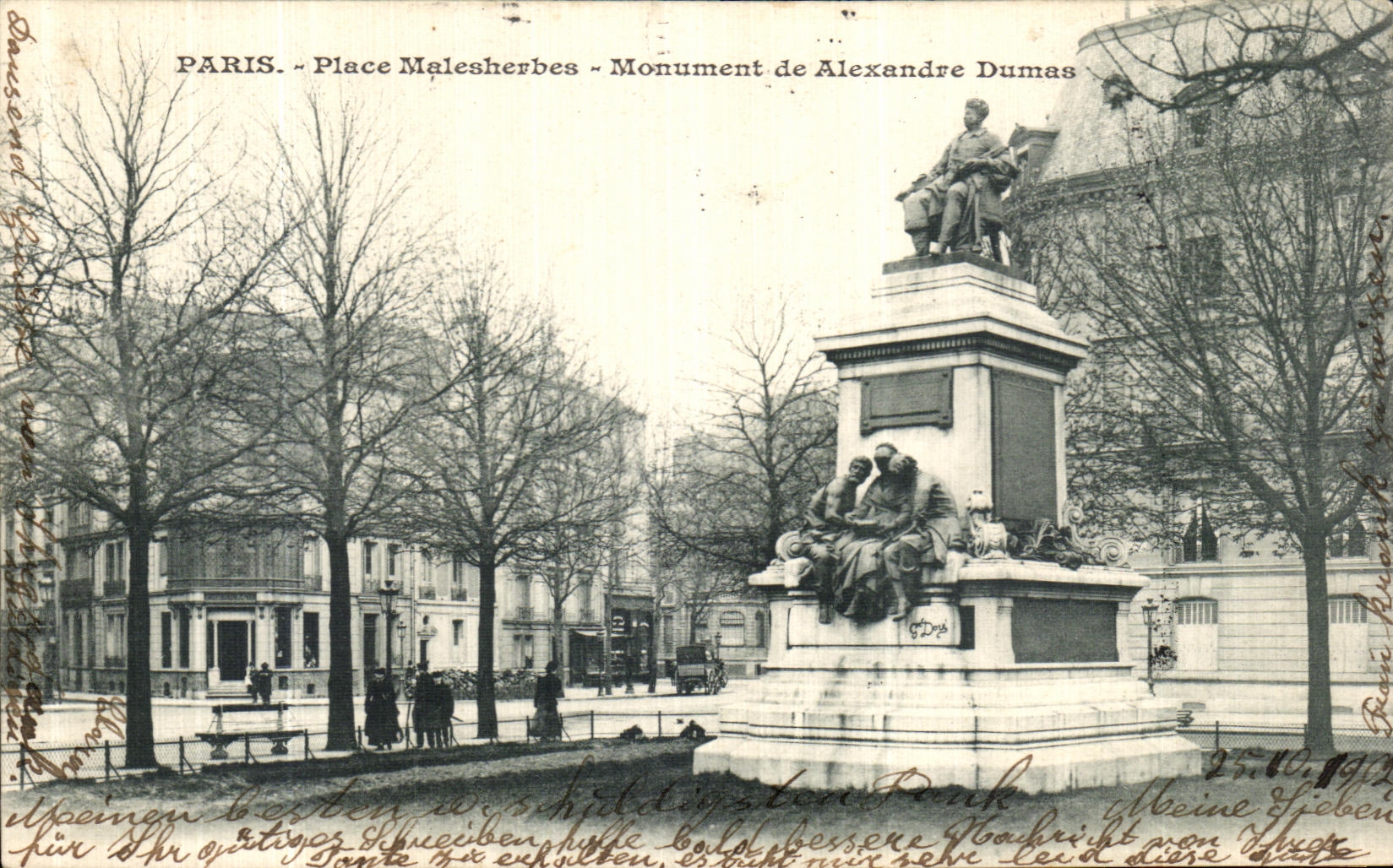 VINTAGE POSTCARD Paris Places Malesherbes Monument of Alexandre Dumas