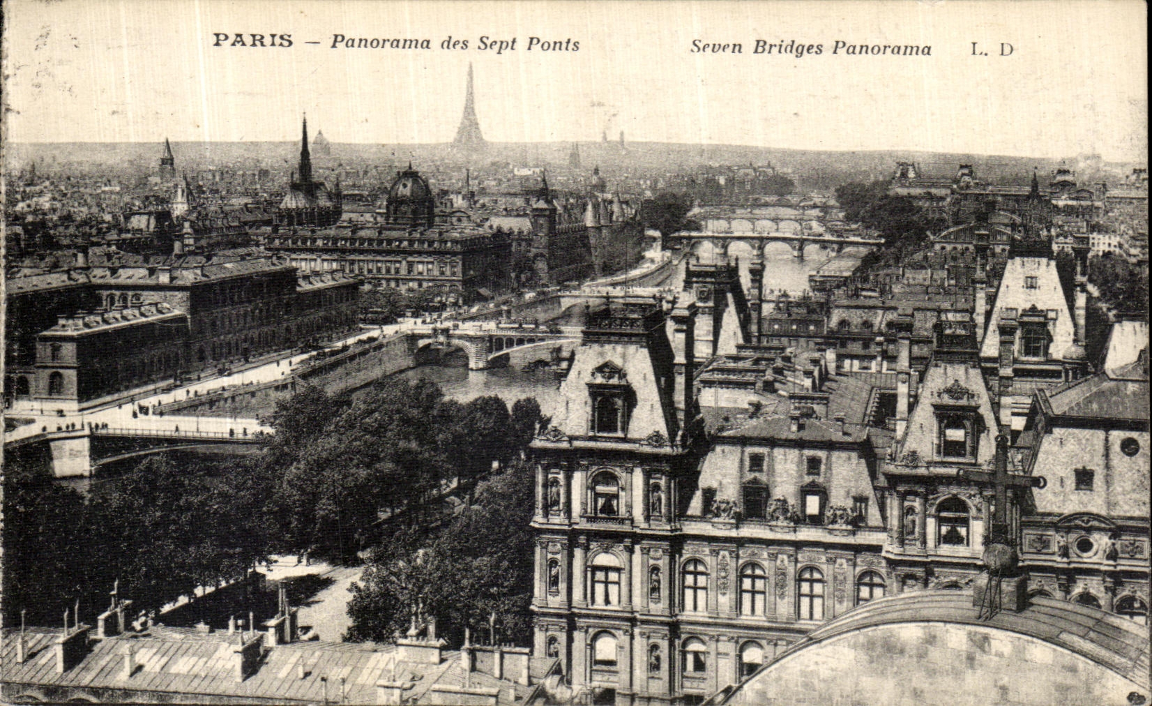 Panorama de Paris de la POSTAL de la VENDIMIA de la torre Eiffel de siete puentes