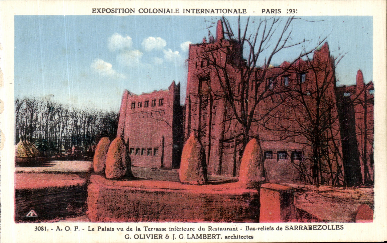 VINTAGE POSTCARD Fair Colonial International Paris 1931 AOF the palate seen of lower terrace of the Sarrabezolles restaurant