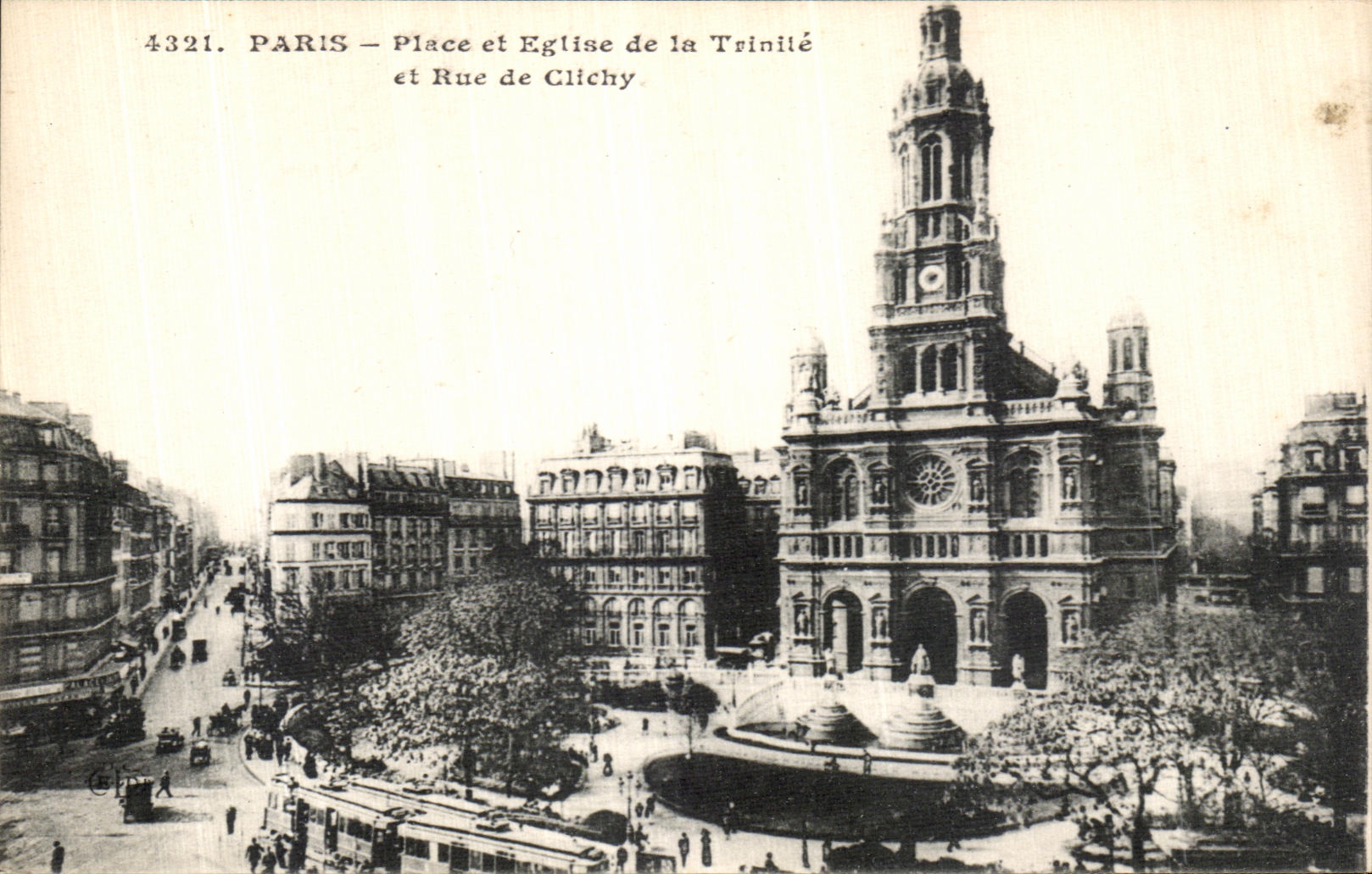 VINTAGE POSTCARD Paris Places and Church of the Trinity and Rue of Clichy