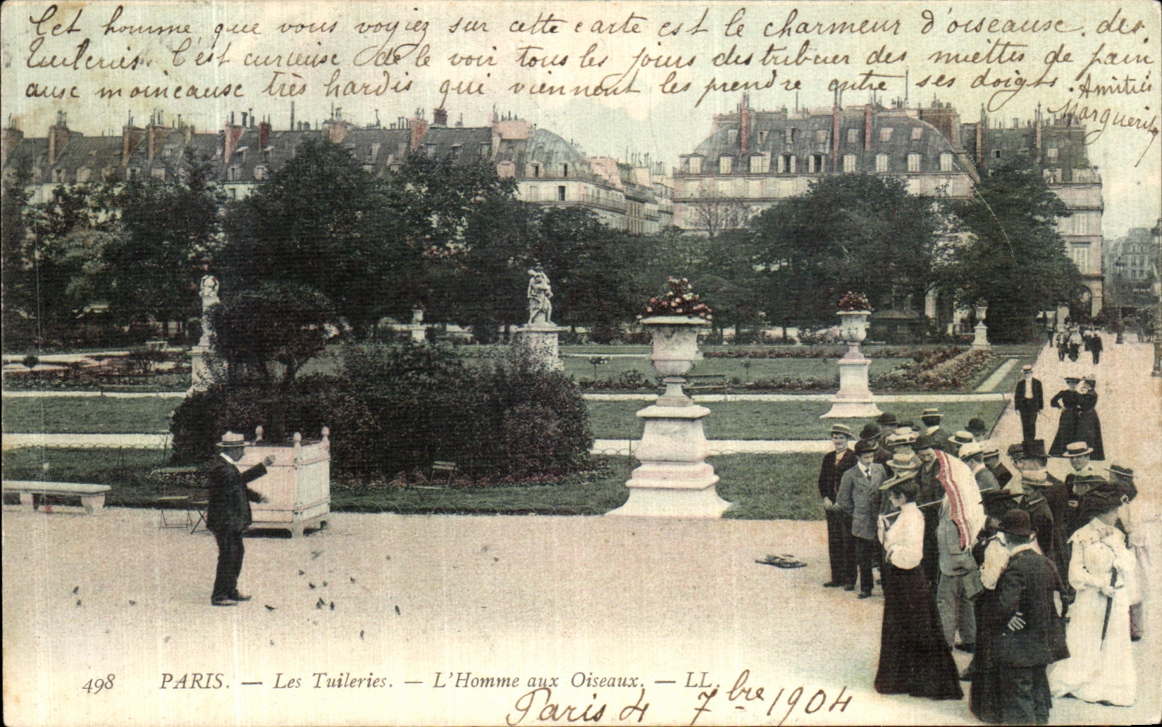VINTAGE POSTCARD Paris Tileries L Man with Birds TOP
