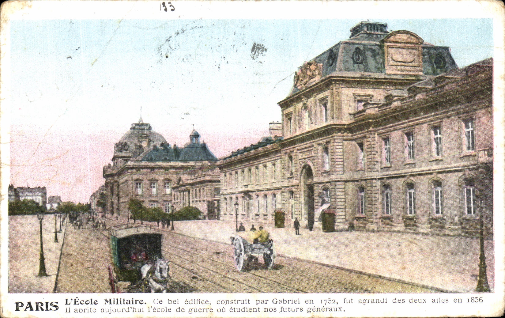 Red Germania 10pfg with seal Bahnpost ZUG 210 1908 Mulhausen on VINTAGE POSTCARD Paris L Military academy