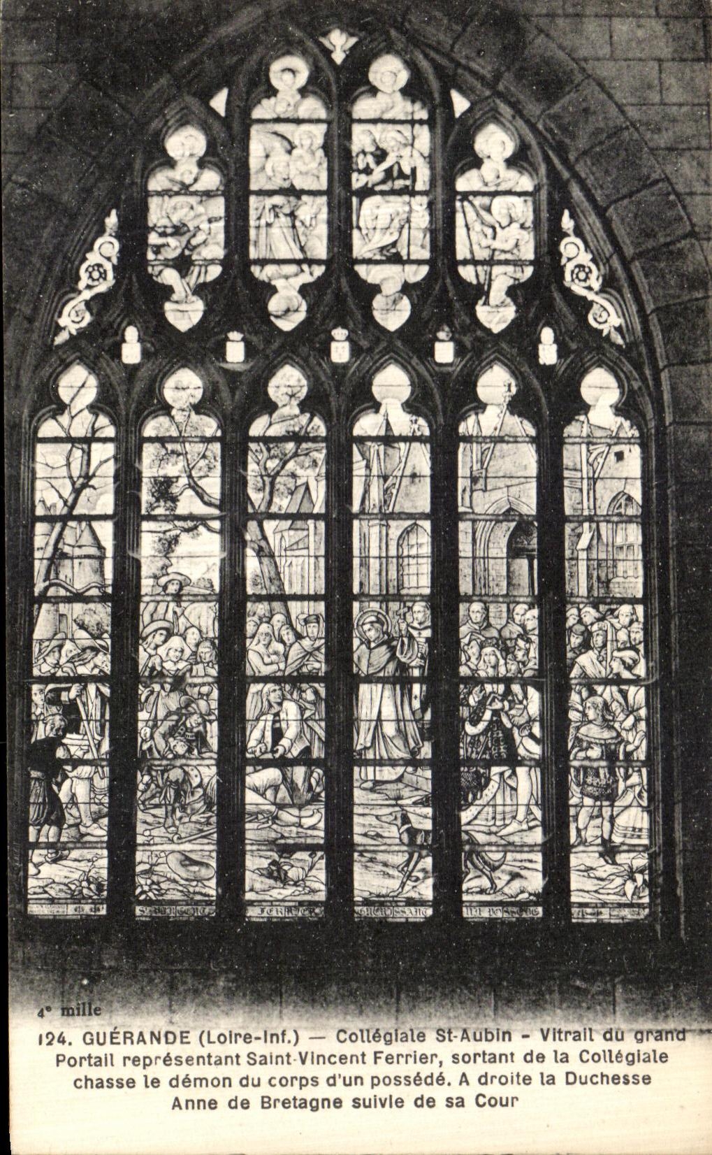 Vidrio manchado colegial del St Aubin de Guerande de la POSTAL de la VENDIMIA de la puerta grande que representa Vincent santo Ferrier saliente de el colegial