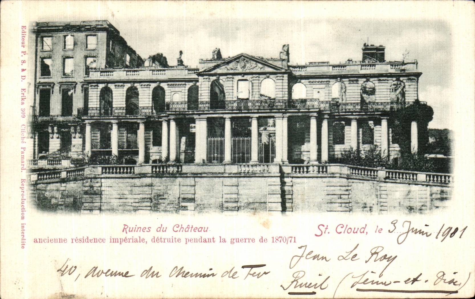VINTAGE POSTCARD St Cloud Ruins of the Castle old imperial residence destroyed during the war of 1870 1871