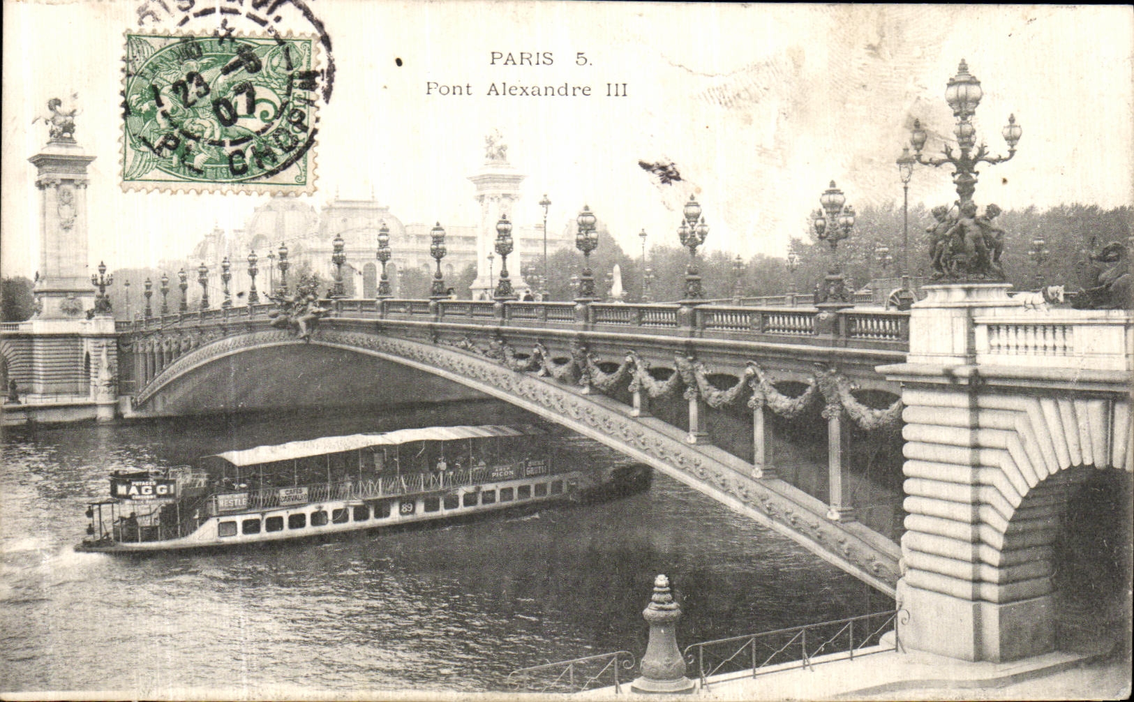 VINTAGE POSTCARD Paris Bridge Alexandre III Barge Boat