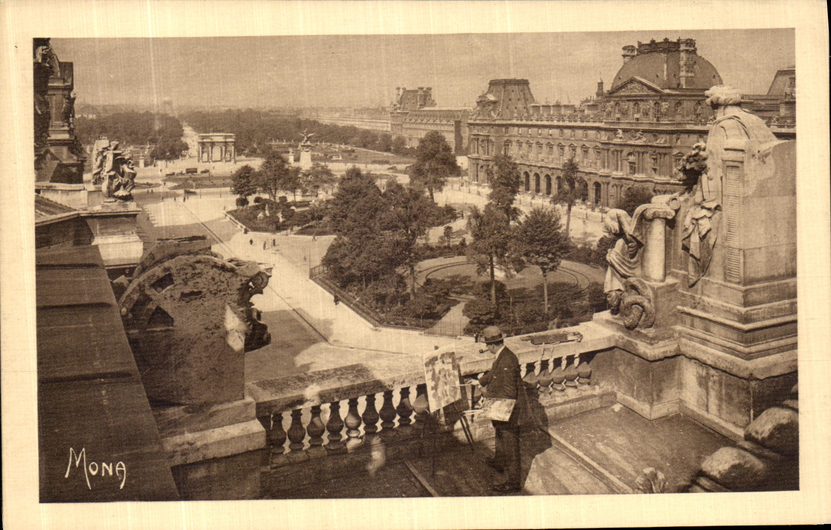 Tablas de la POSTAL de la VENDIMIA pequenas de opinion de Paris sobre los jardines de la lumbrera y de Tileries