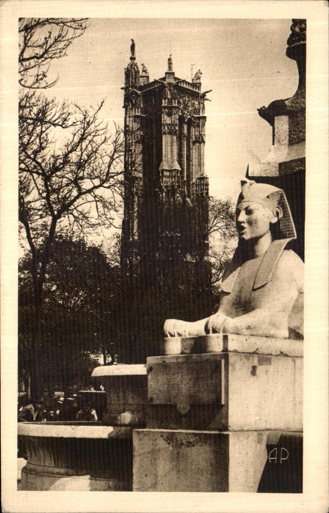 VINTAGE POSTCARD Paris the Tower Holy Jacques taken of the Fountain places of Chatelet Sphinx