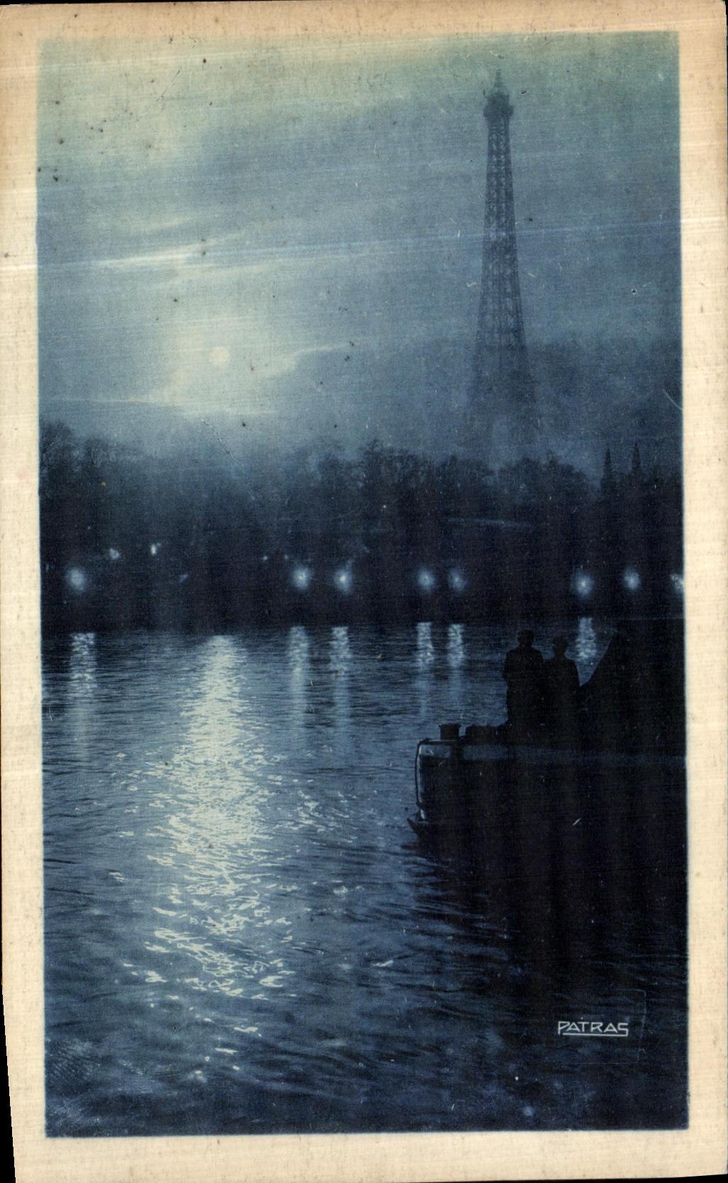 POSTAL Paris de la VENDIMIA la noche Paris de Night una esquina de la luna en la torre Eiffel de Seine
