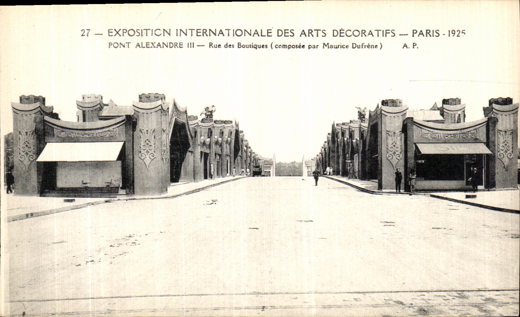 La POSTAL Paris Internatioale justo de la VENDIMIA de DES decorativo 1925 de la ruda de Pont Alejandro III de los artes hace compras