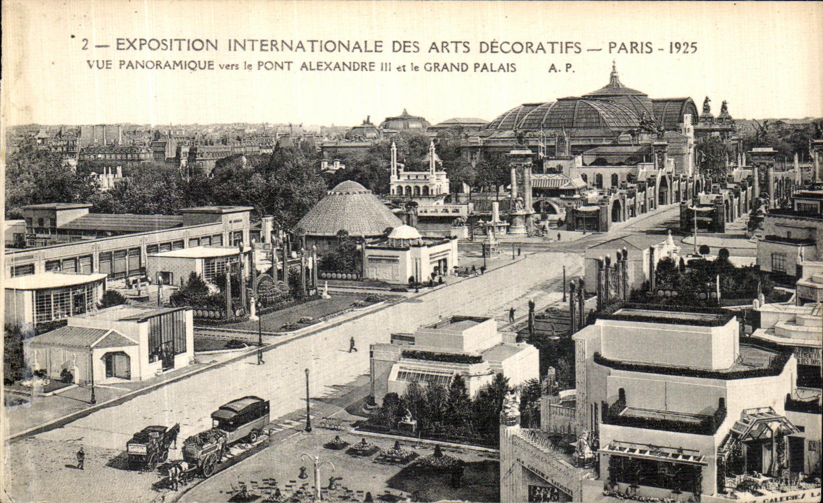 Exposicion internacional de Paris de la POSTAL de la VENDIMIA de la opinion panoramica de los artes 1925 decorativos hacia el puente Alejandro III y grande el pala