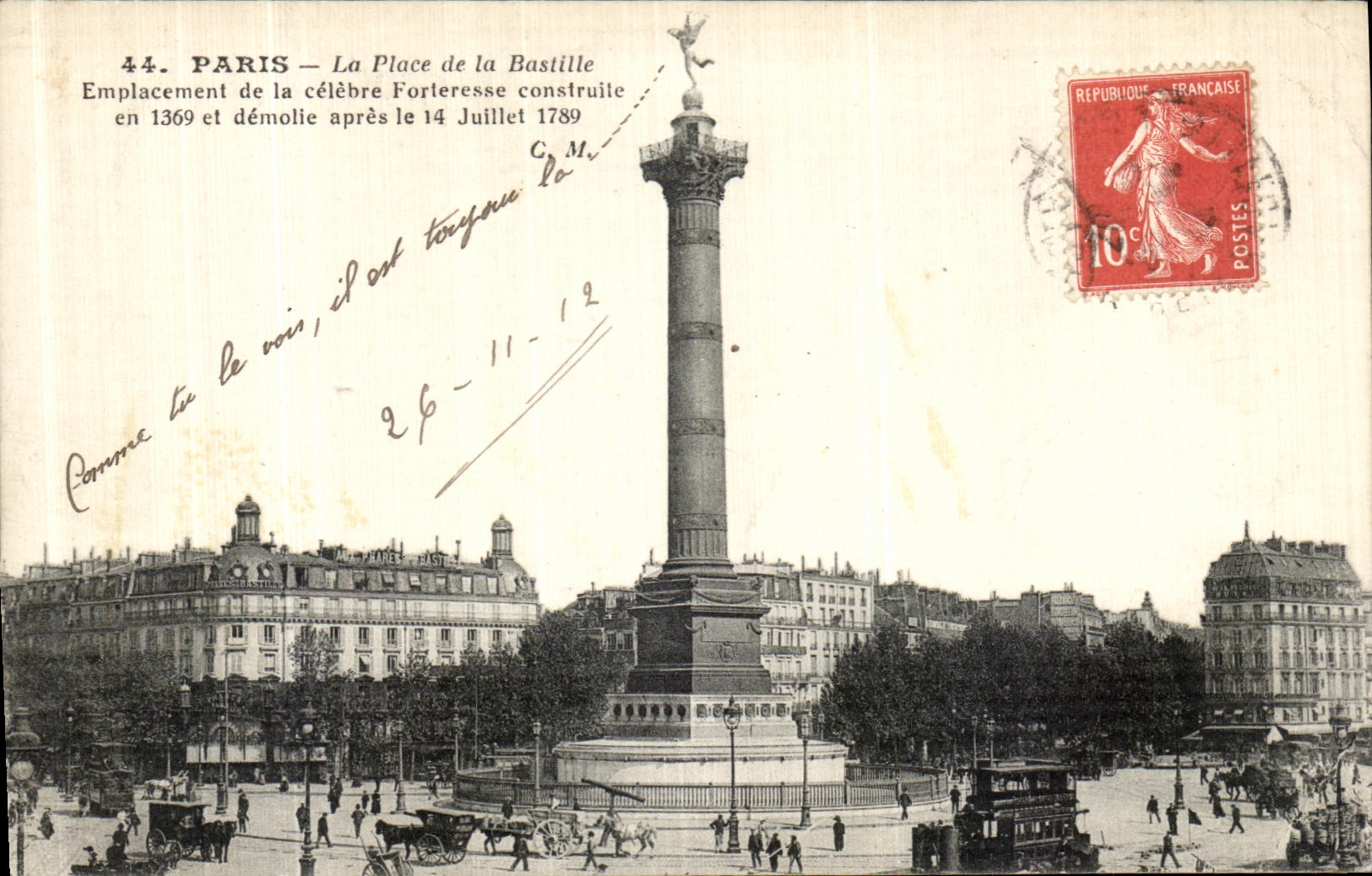 VINTAGE POSTCARD Paris the Place of the Bastille Site of the Famous Fortress