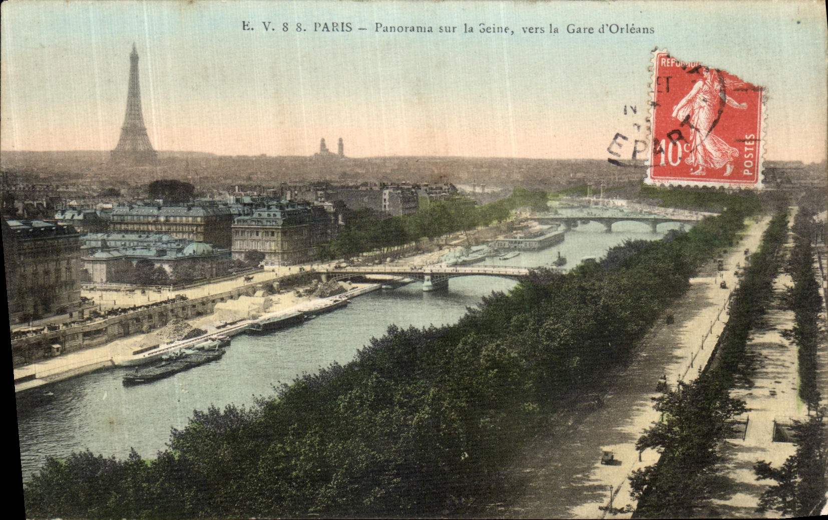 Panorama de Paris de la POSTAL de la VENDIMIA en el Seine hacia torre Eiffel de la estacion de tren D Orleans