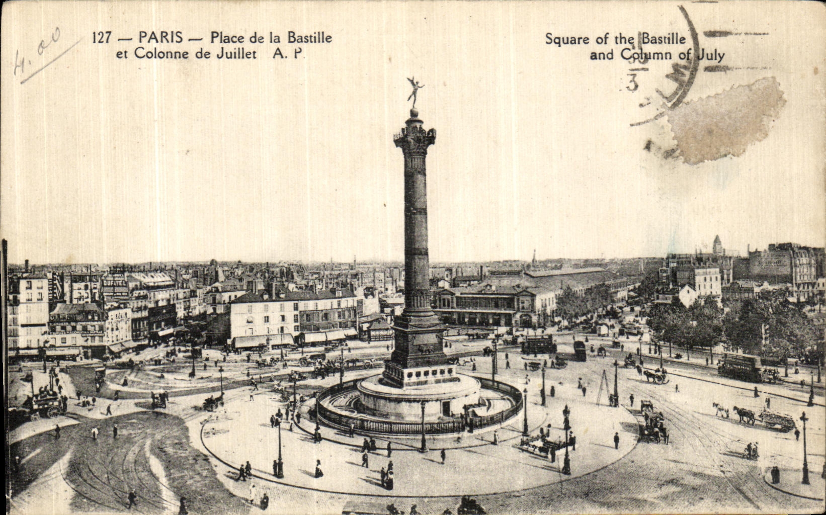 VINTAGE POSTCARD Paris Places of Basitile and column of Public garden July off the Bstille and Column off July