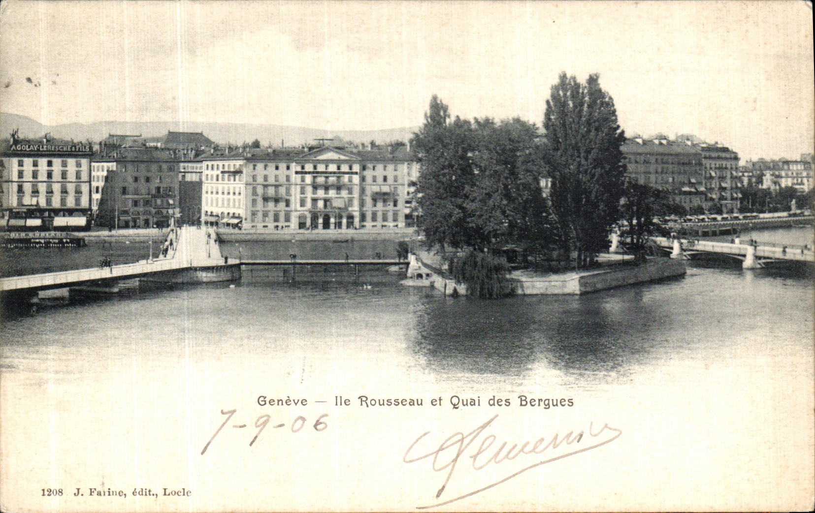 VINTAGE POSTCARD Geneva Island Rousseau and Quai of Bergues