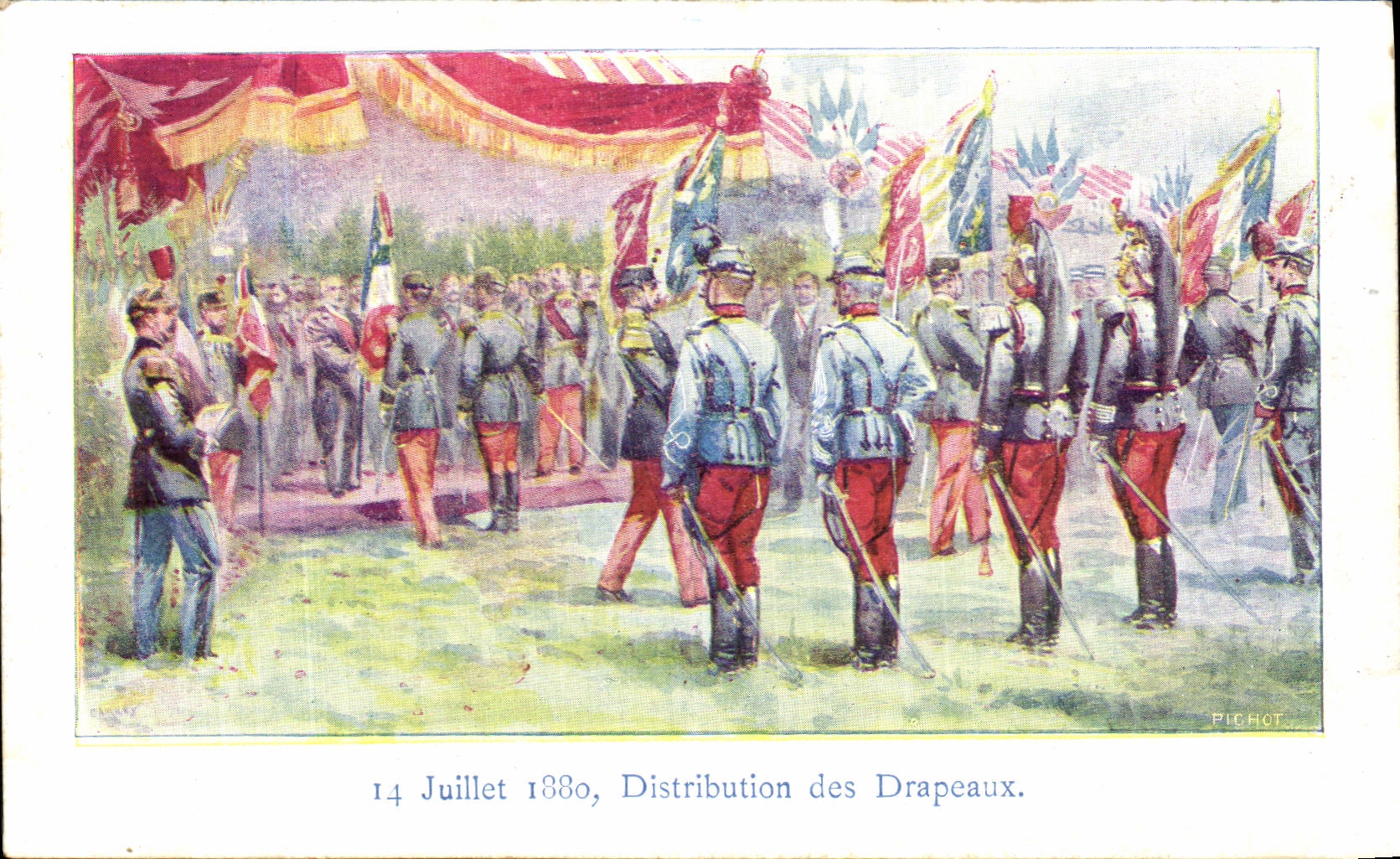 VINTAGE POSTCARD Distribution of the Flags Militaria July 14th 1880