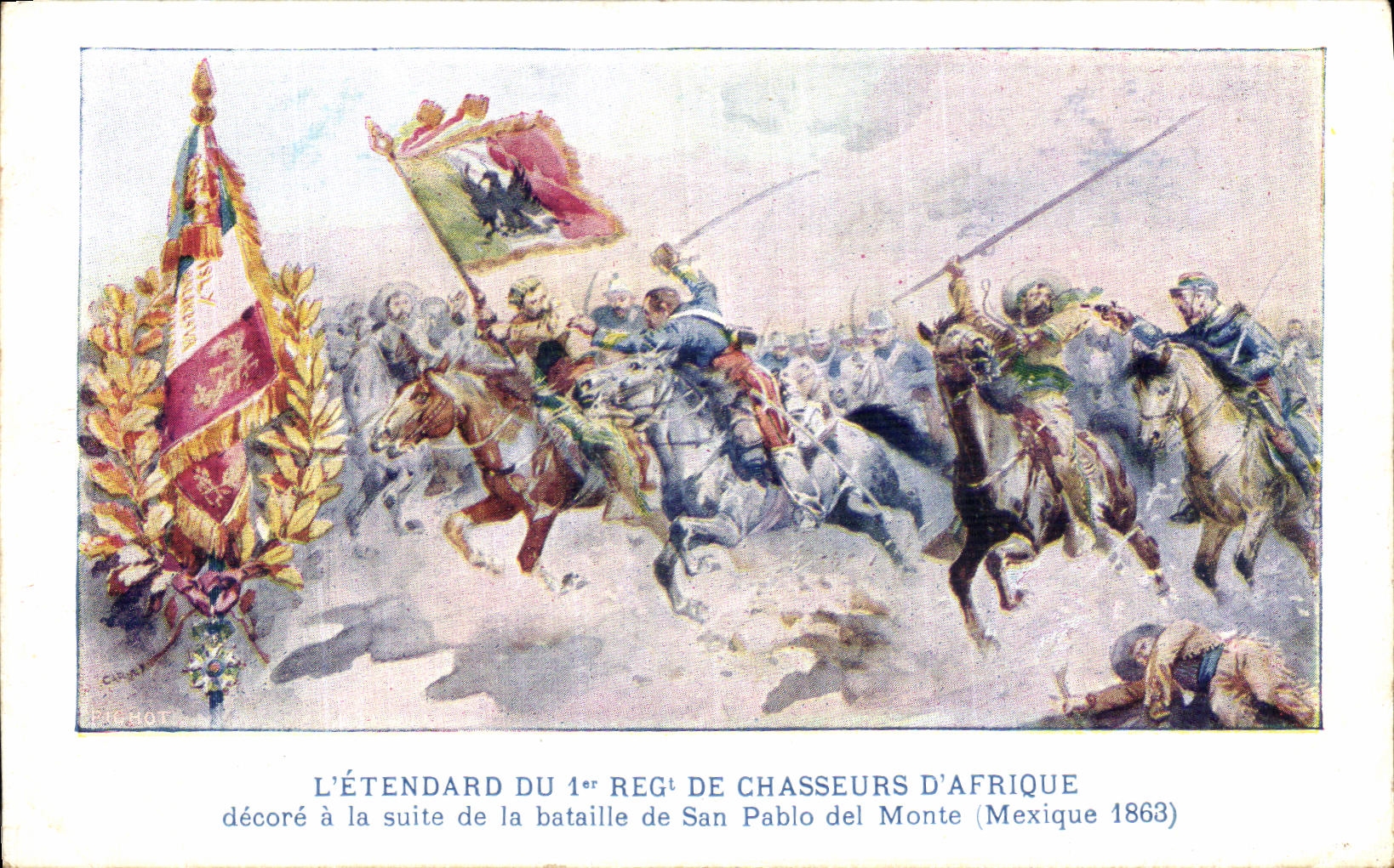 La POSTAL L estandar de la VENDIMIA del 1r regimiento de los cazadores D africa adorna el siguiente de la batalla con San Pablo del Monte Mexico 1863