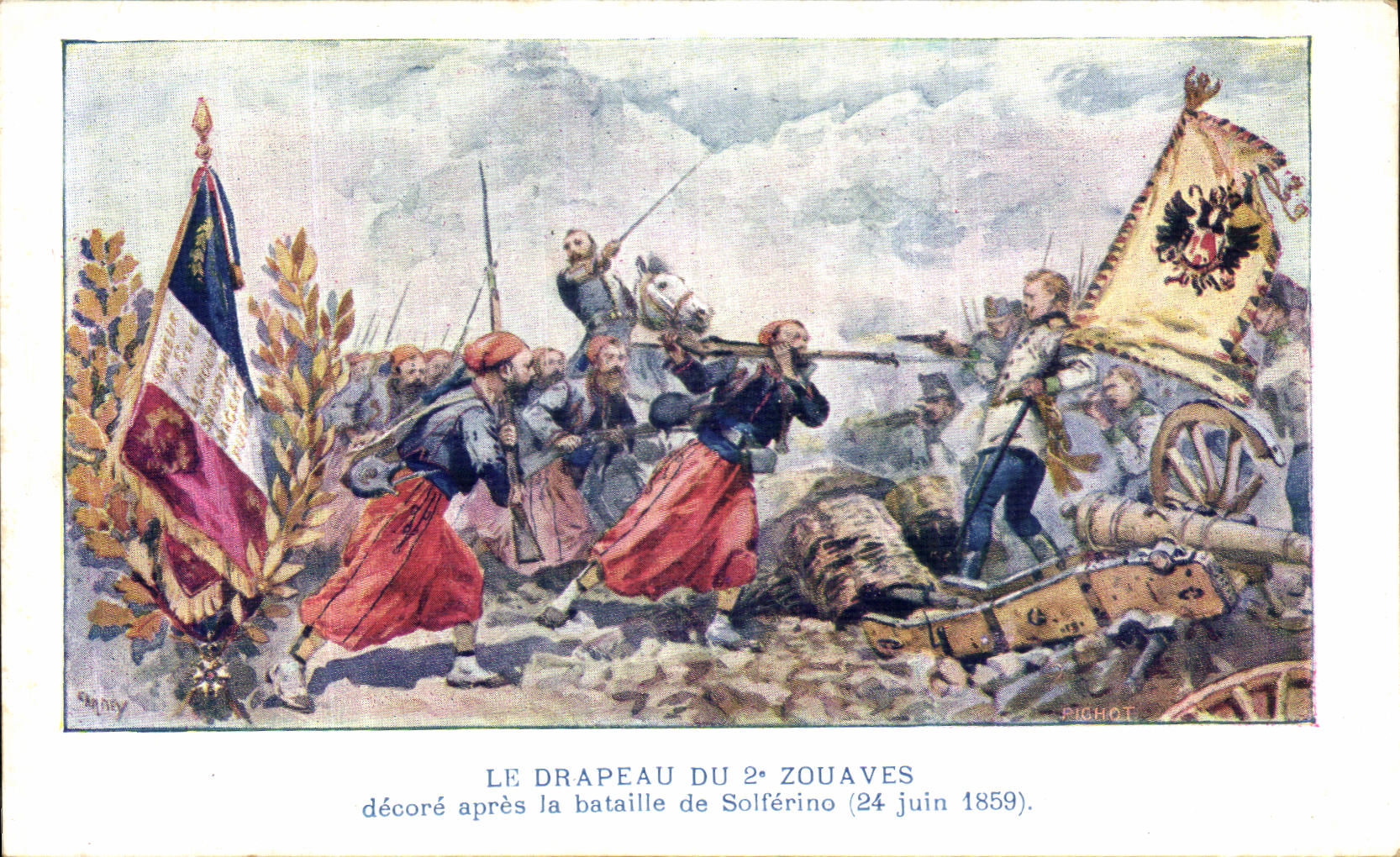 POSTAL de la VENDIMIA que la bandera de los 2dos zouaves adorna despues de la batalla con Solferino Militaria el 14 de junio de 1859