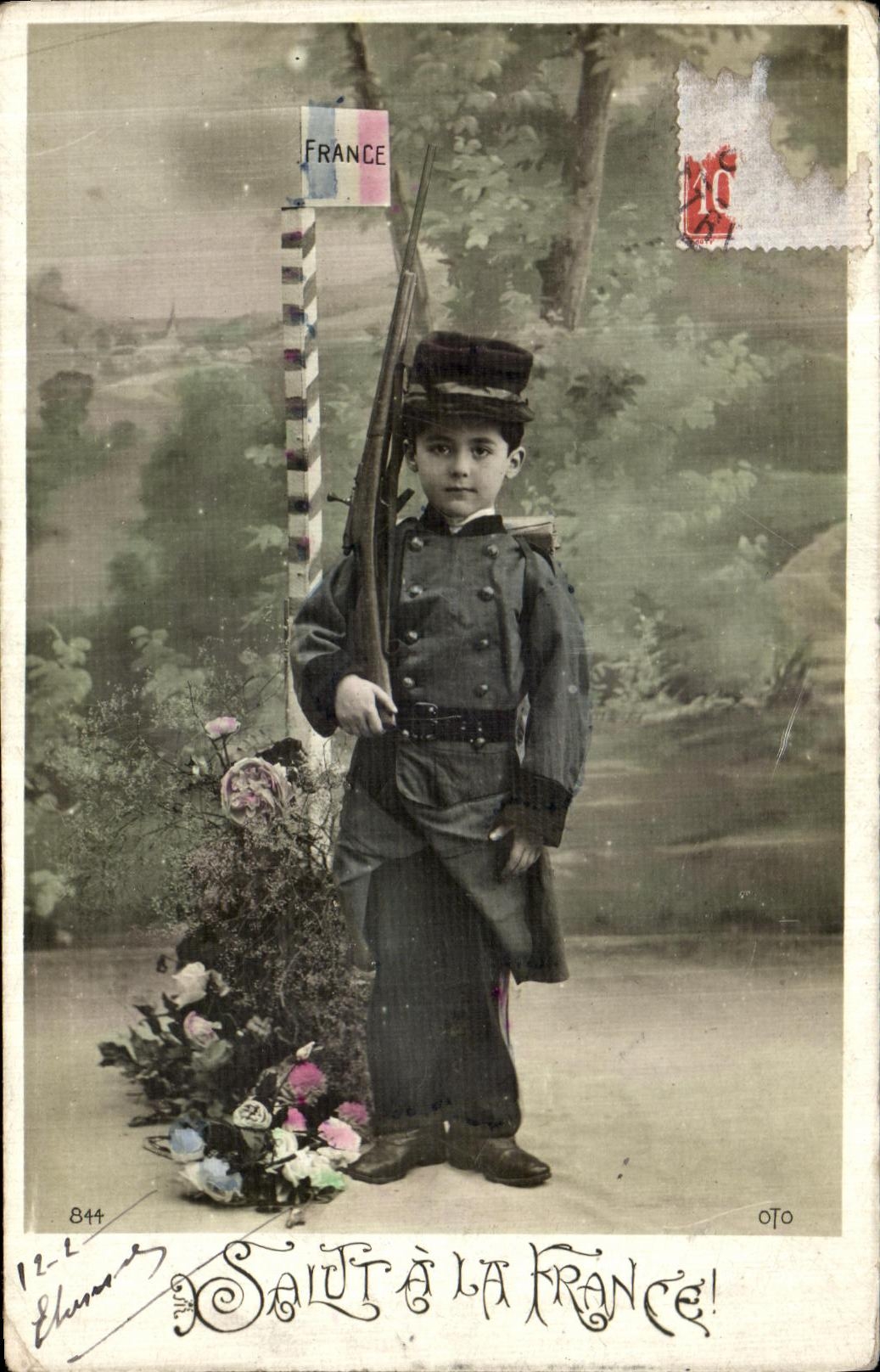 VINTAGE POSTCARD Hello France Militaria Child