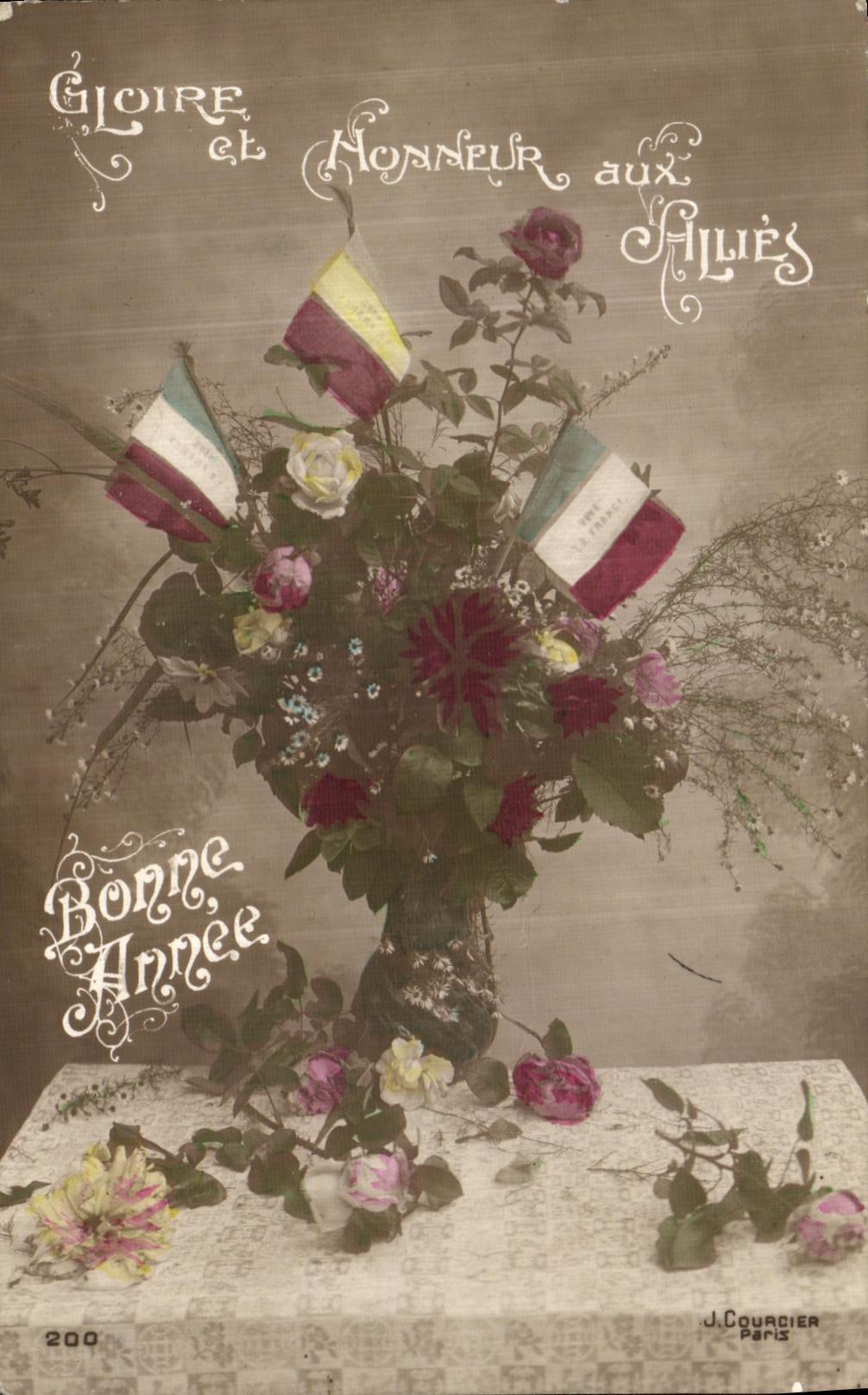 CPA Bonne Annee Fleurs Militaria