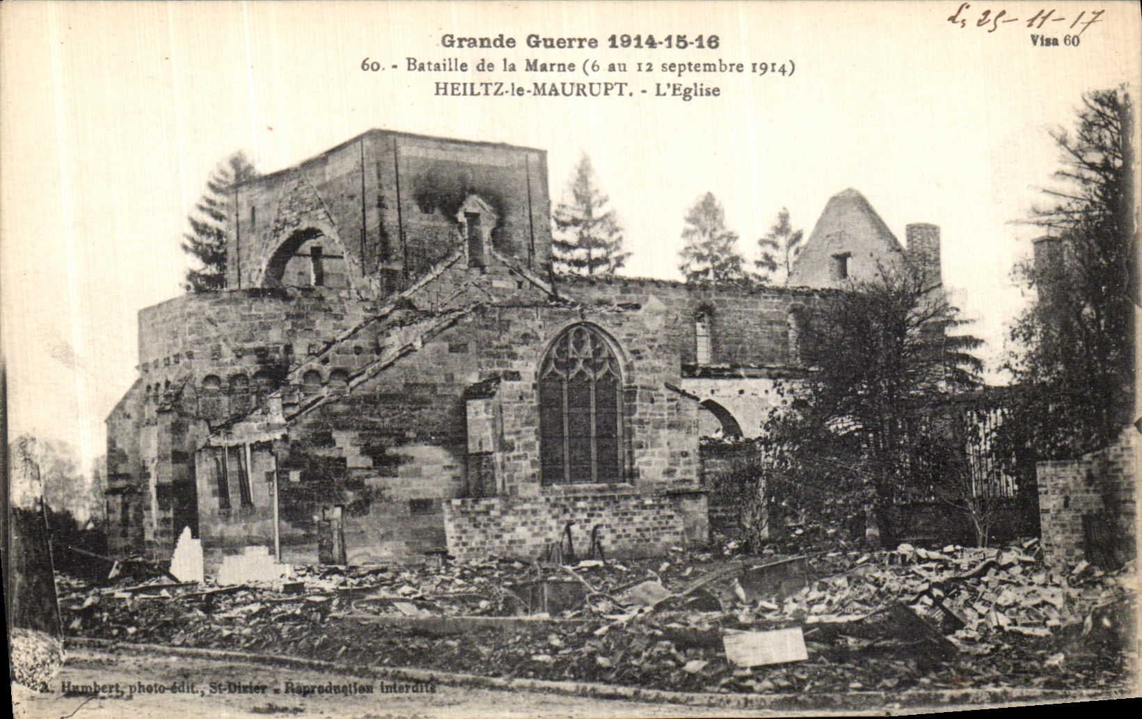 VINTAGE POSTCARD Great War Battles of the Heiltz Marne Maurupt L Militaria Church