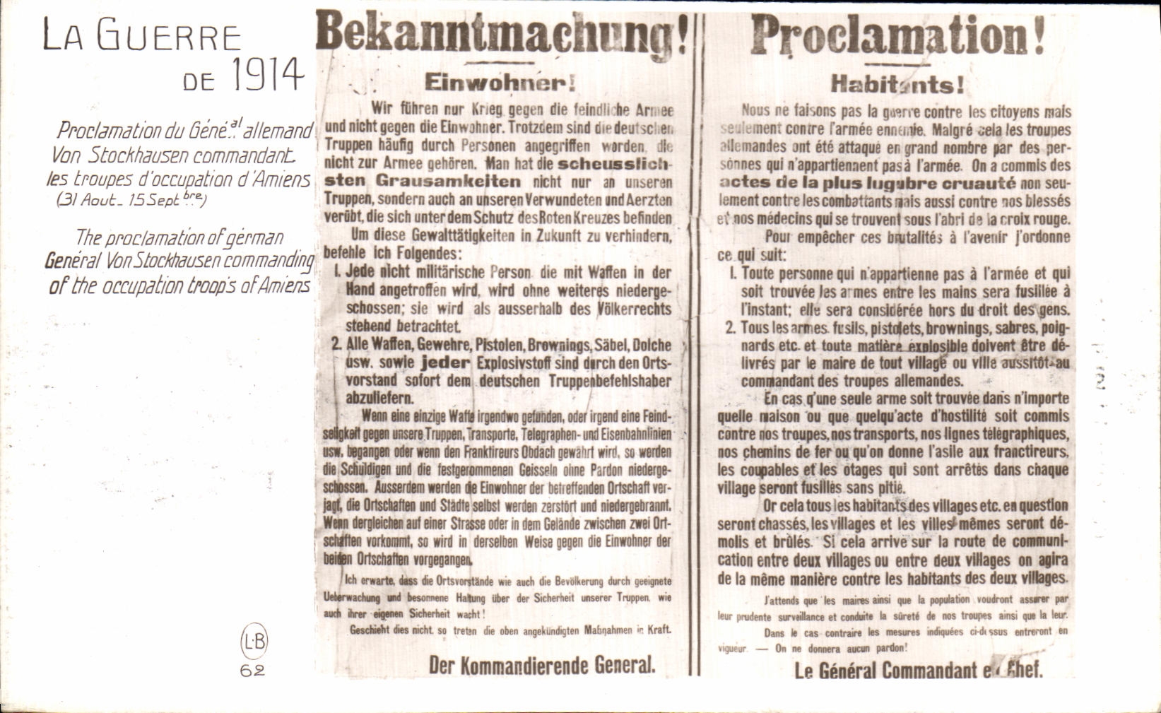 VINTAGE POSTCARD Proclamation of 1914 Militaria Von Stockhausen