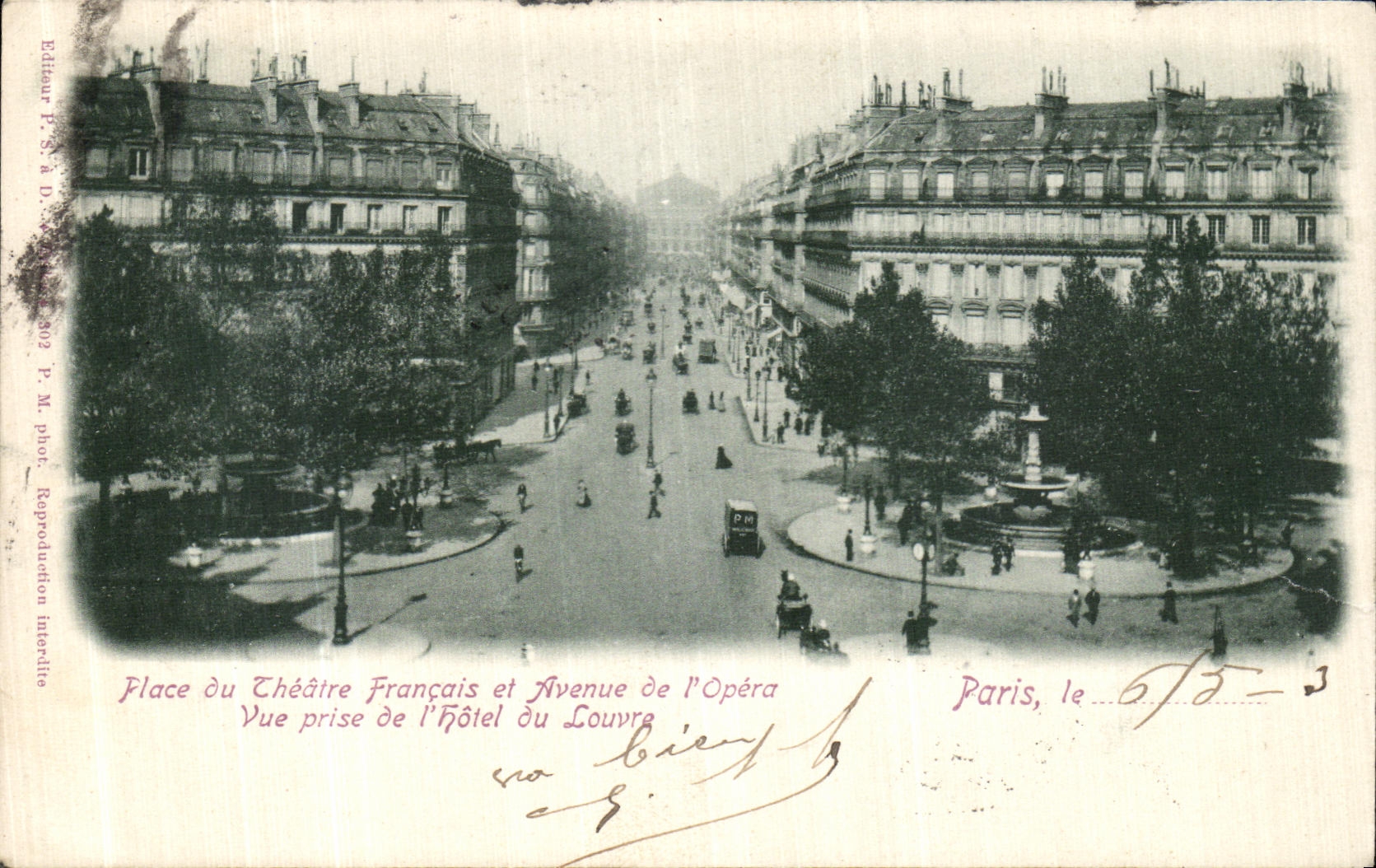 VINTAGE POSTCARD Paris Places French Theater Seen from Avenue of L Opera L Hotel of the Louvre