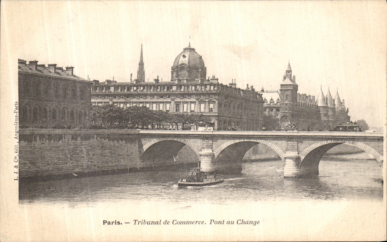 VINTAGE POSTCARD Paris Bankruptcy court Bridge with the Exchange Boat