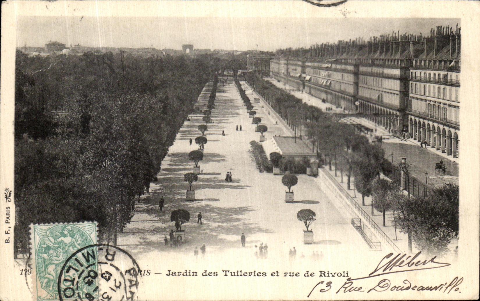 Jardin de Paris de la POSTAL de la VENDIMIA de Tileries y calle de la lumbrera de Rivoli