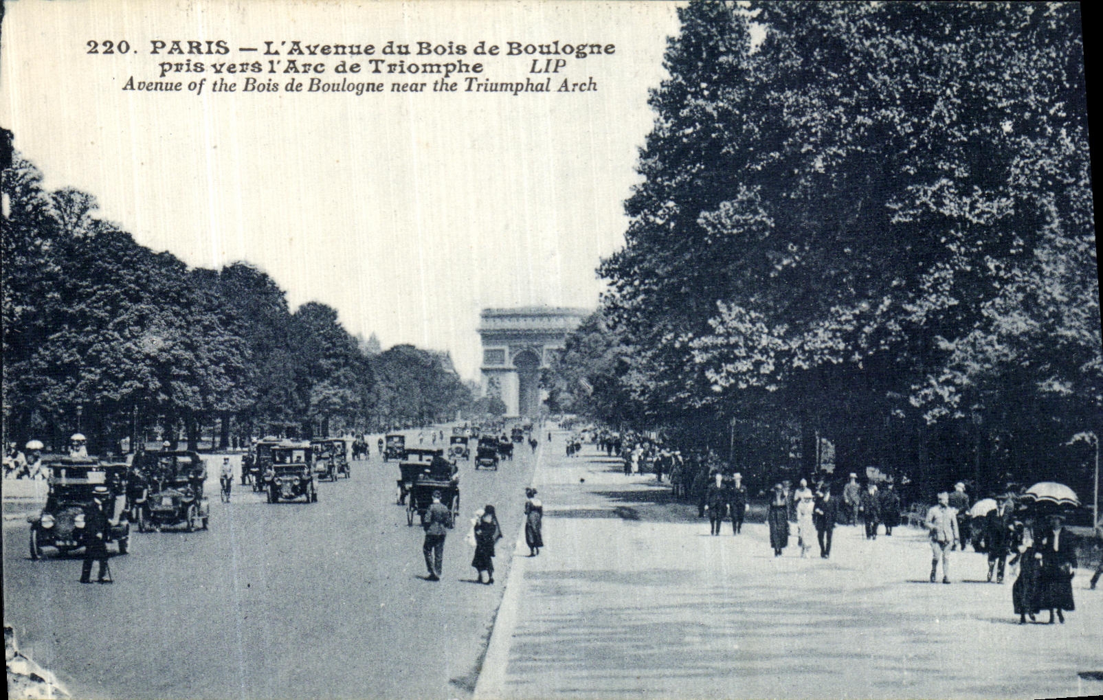 POSTAL Paris L avenida de la VENDIMIA del Bois de Boulogne tomado hacia L Arc de Triomphe
