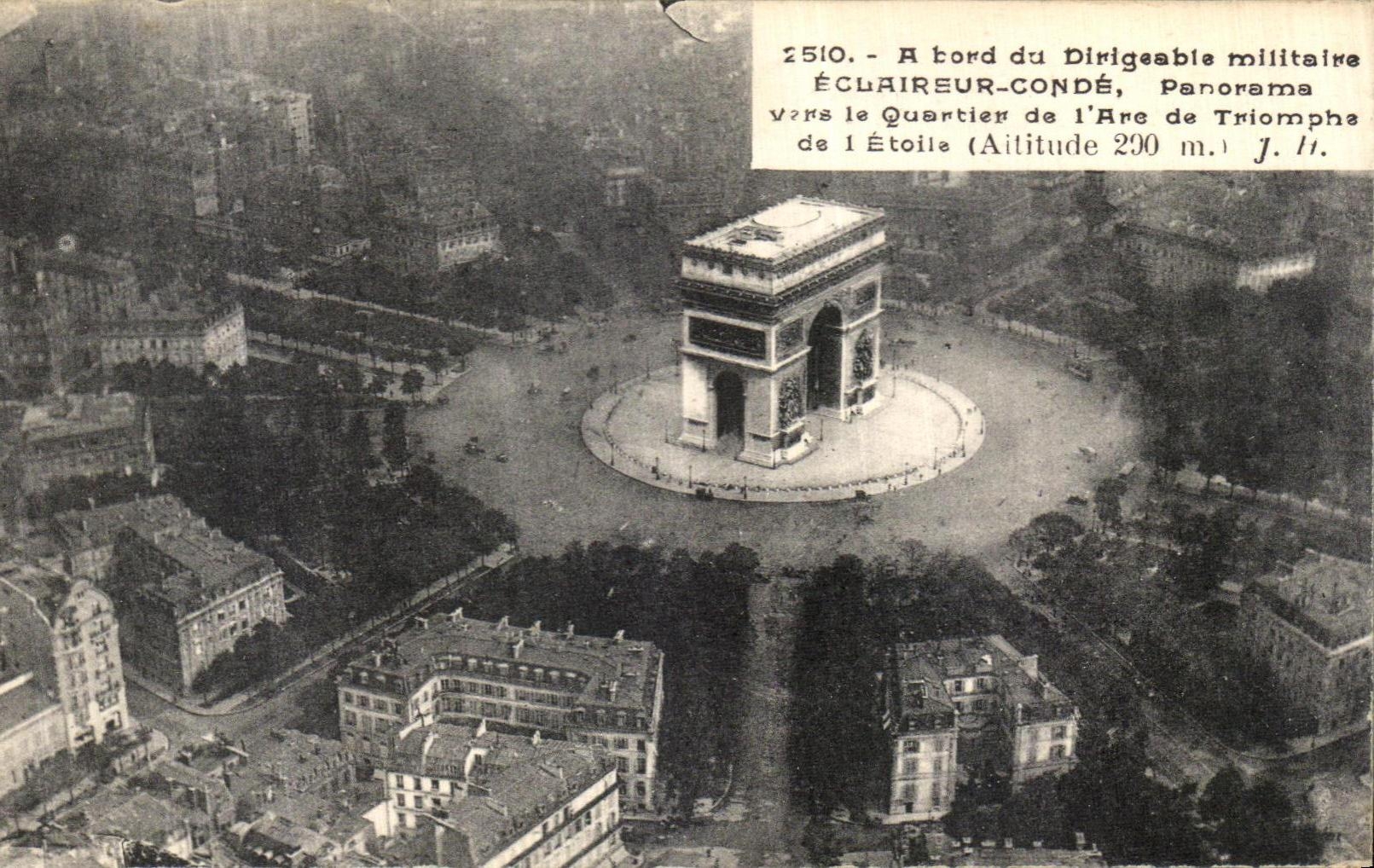 VINTAGE POSTCARD edge of Dirigable Militaire Scout Cop Panorama has Towards the District of L Arc de Triomphe