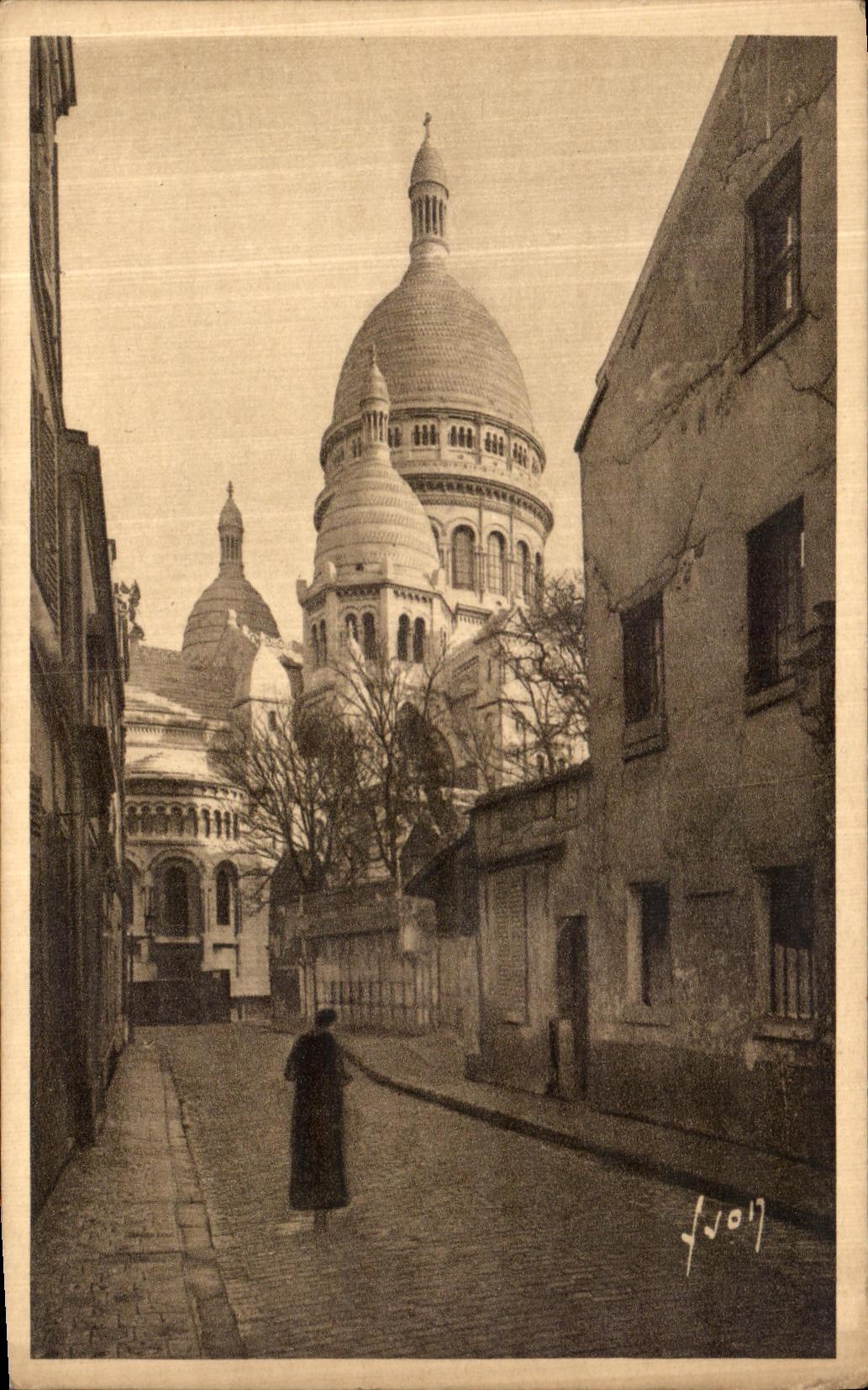 VINTAGE POSTCARD Paris While Strolling the Basilica of the Sacring Heart seen of the Street of the Knight of the Bar