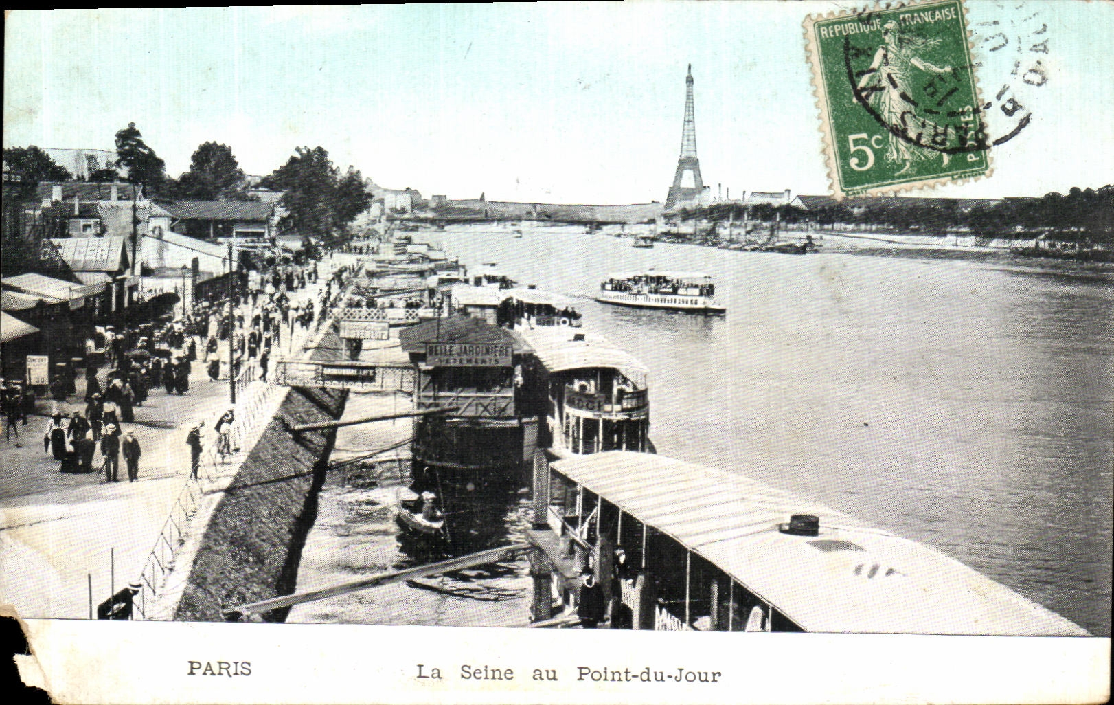 VINTAGE POSTCARD Paris the Seine at the Point Of the day Eiffel Tower Barges