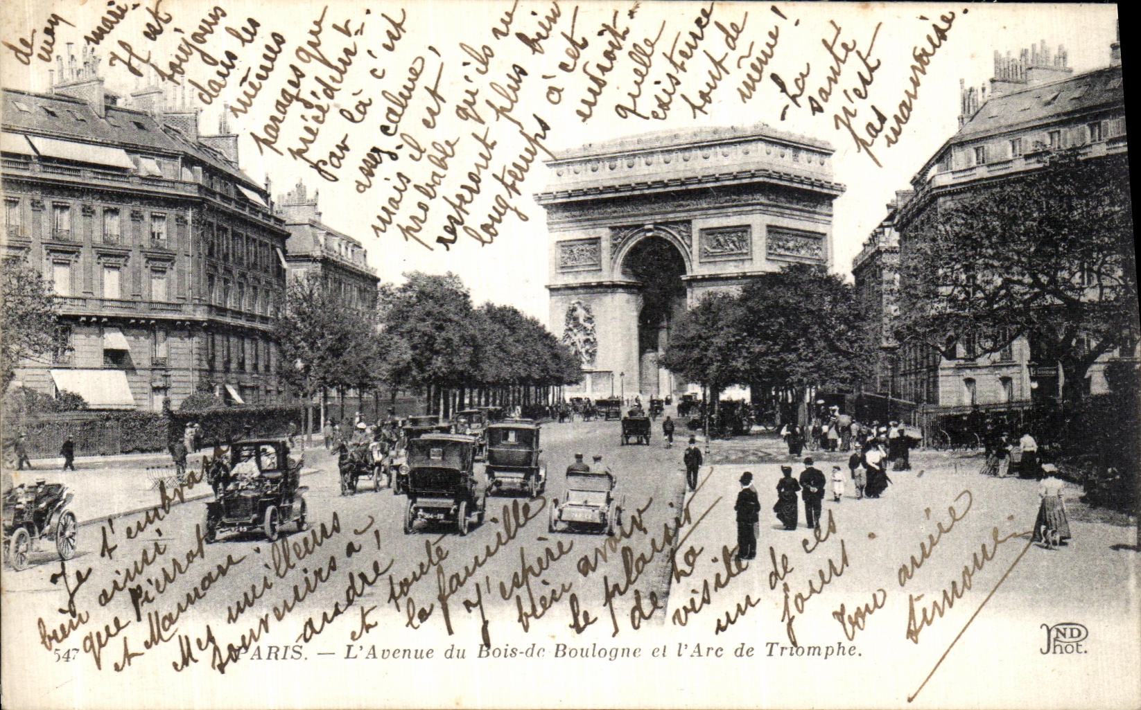 POSTAL Paris L avenida del Bois de Boulogne y L de la VENDIMIA Arc de Triomphe