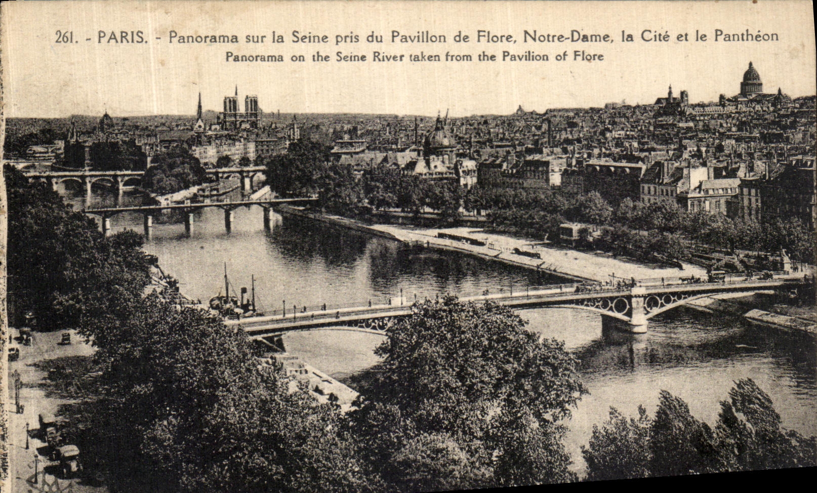 Panorama de Paris de la POSTAL de la VENDIMIA en el Seine Pavillon de Flore de Notre Dame ISCED y el panteon