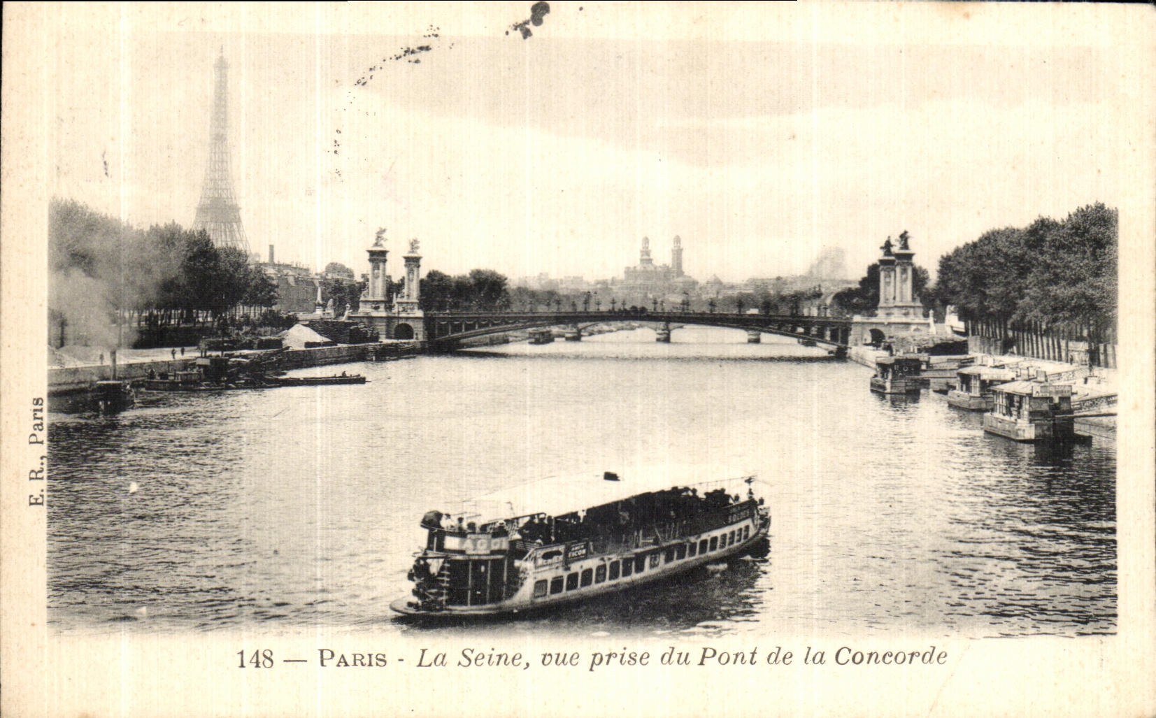 VINTAGE POSTCARD Paris the Seine Seen from of the Bridge of the Harmony Barge Eiffel Tower