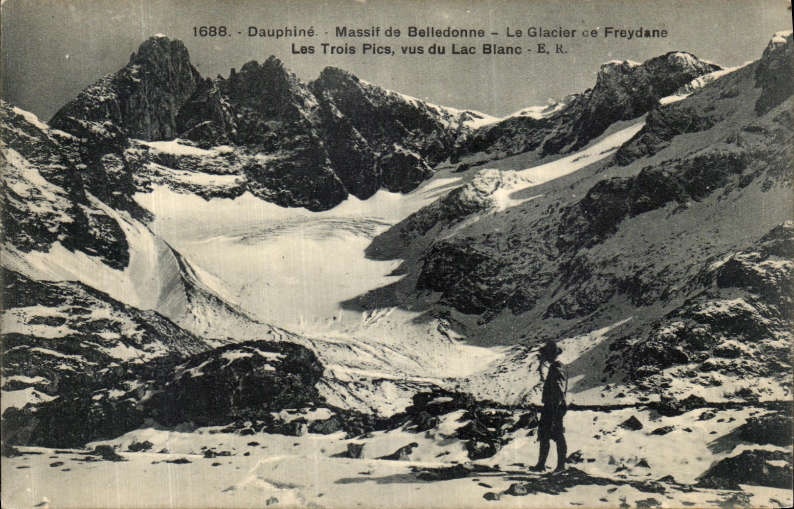 VINTAGE POSTCARD Dauphine Solid mass of Belledonne the Glacier of Freydane three peaks seen of the white lake