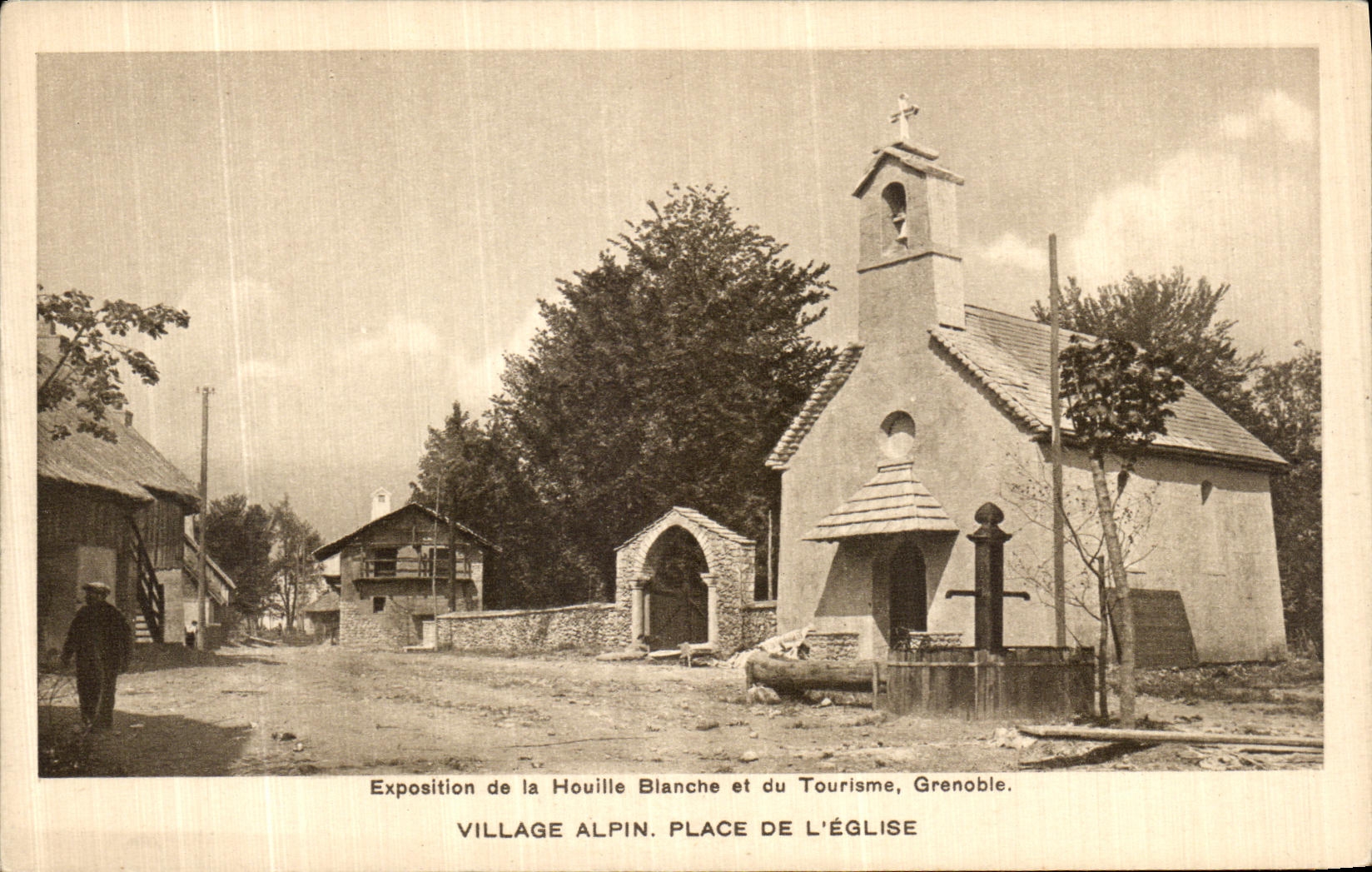 VINTAGE POSTCARD Fair of the Bianche Coal and Tourism Grenoble Village alpine L church Places