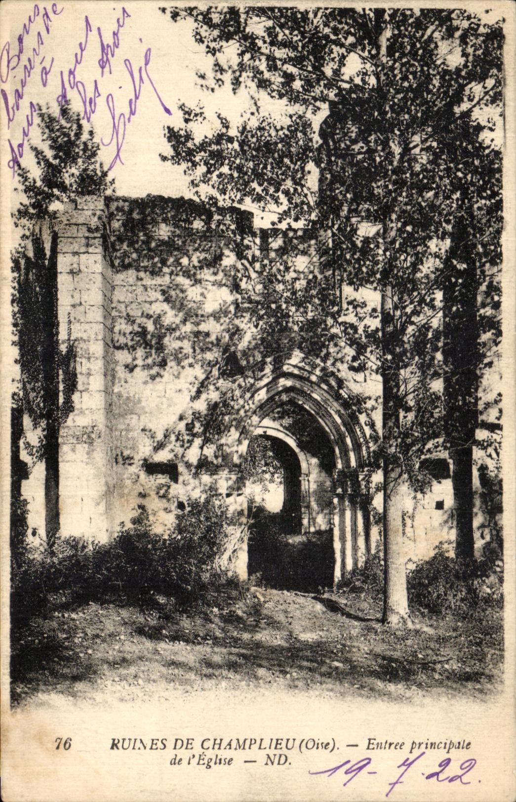 VINTAGE POSTCARD Ruins Of Compiegne Ruins of Champlieu Main entrance of L church