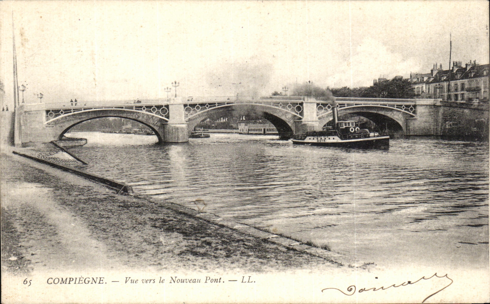 VINTAGE POSTCARD Compiegne Seen the new bridge Boat