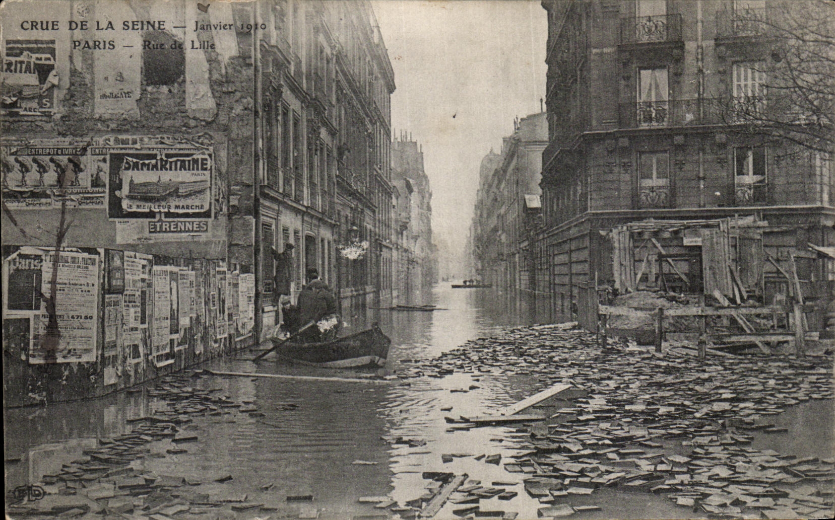 VINTAGE POSTCARD Paris Crue of the Seine January 1910 Street of Lille Posts Samaritaine