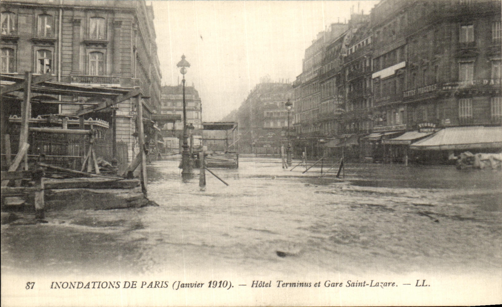 VINTAGE POSTCARD Paris Floods Hotel Holy Terminus and Station Lazare