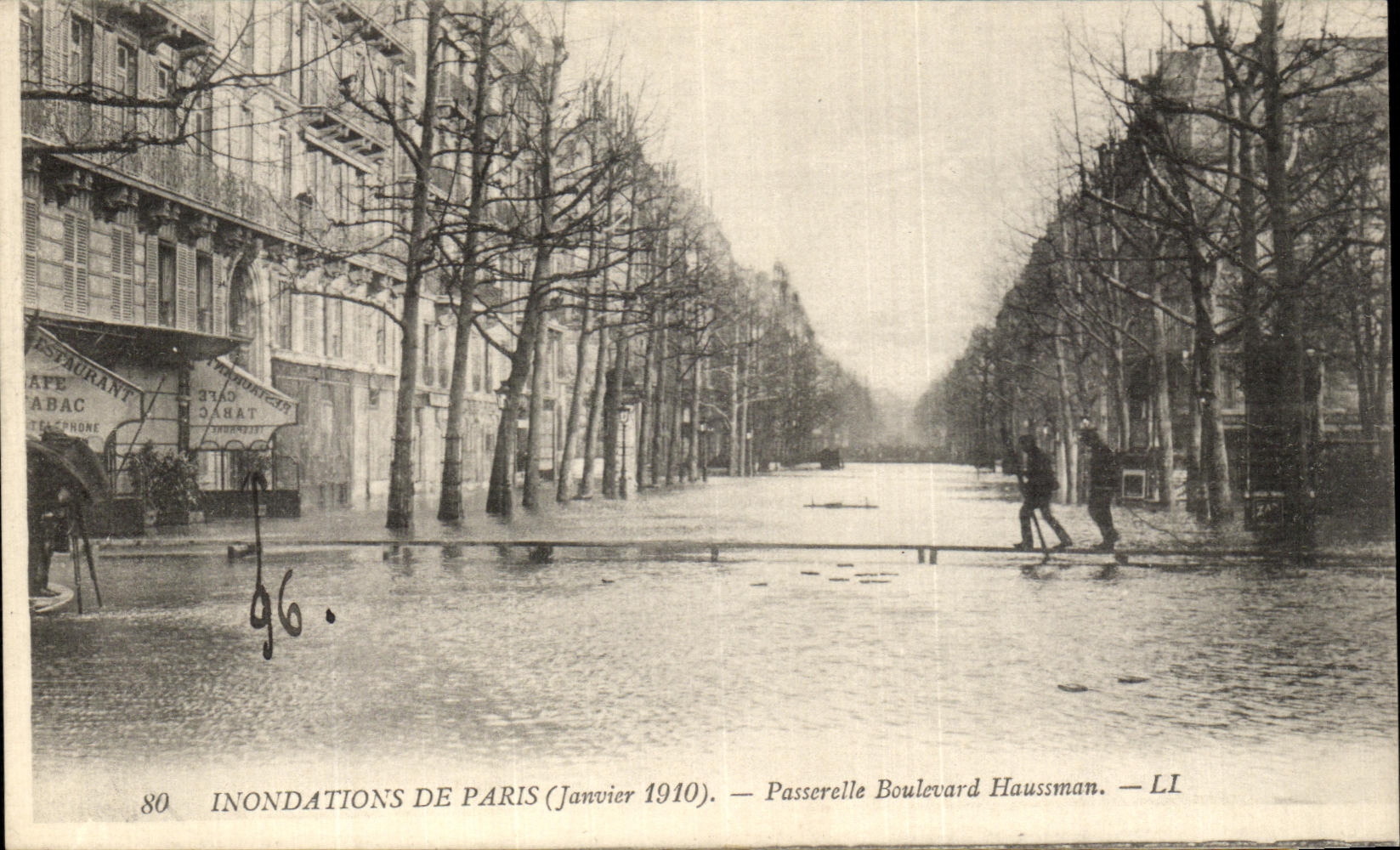 VINTAGE POSTCARD Paris Floods Footbridge Haussman Boulevard
