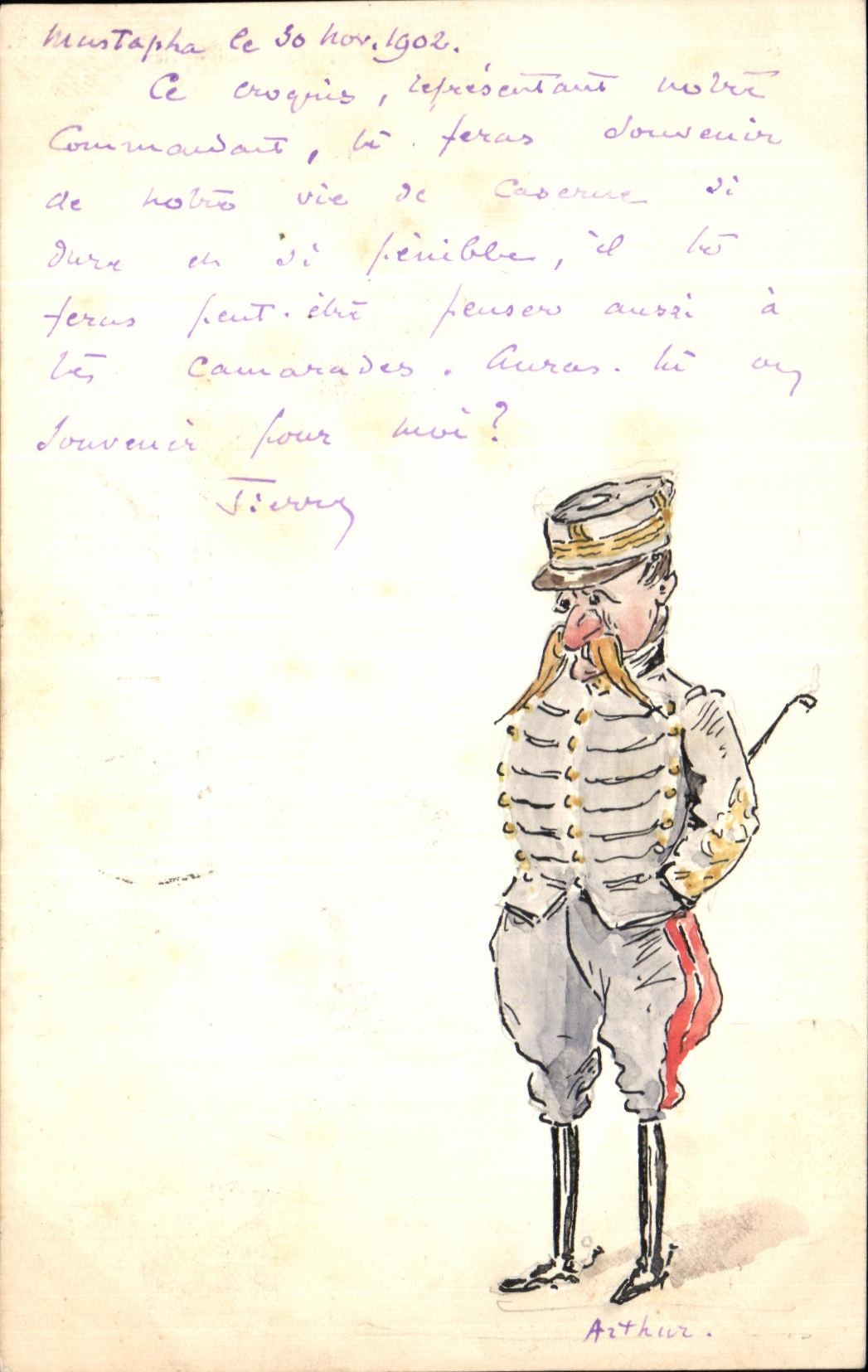 VINTAGE POSTCARD Drawing with the Military hand Hotel St Georges Mustapha Higher Algeria