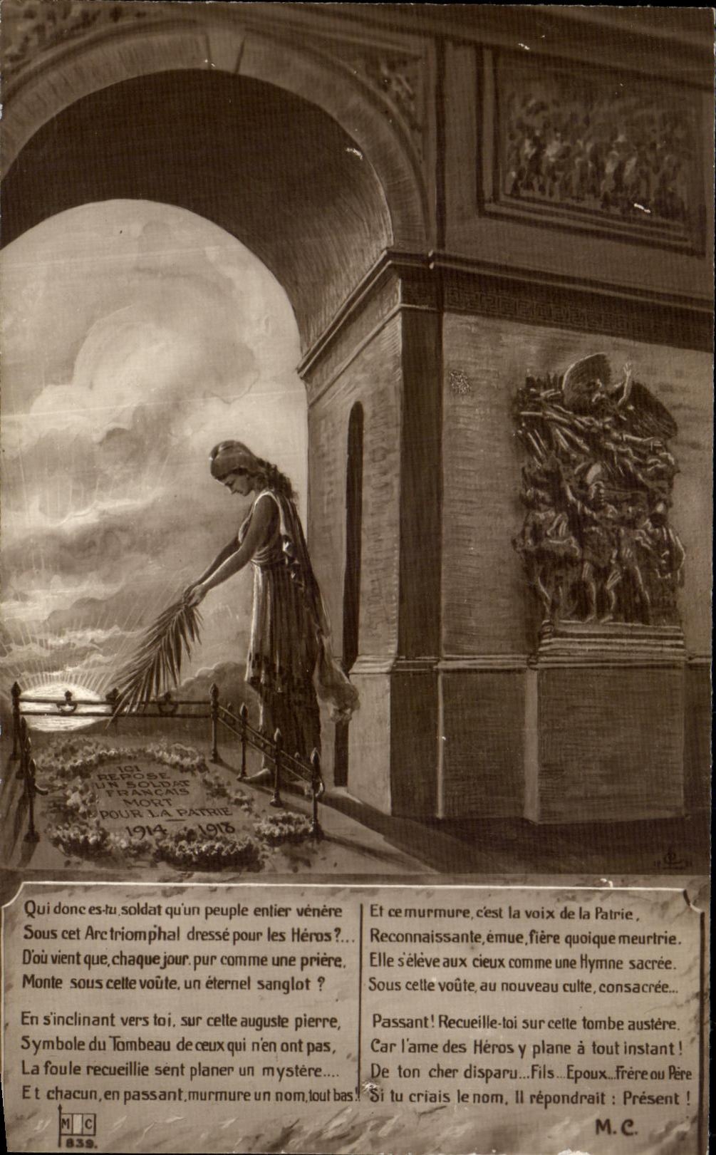 Soldado desconocido Paris Arc de Triomphe Militaria de la POSTAL de la VENDIMIA